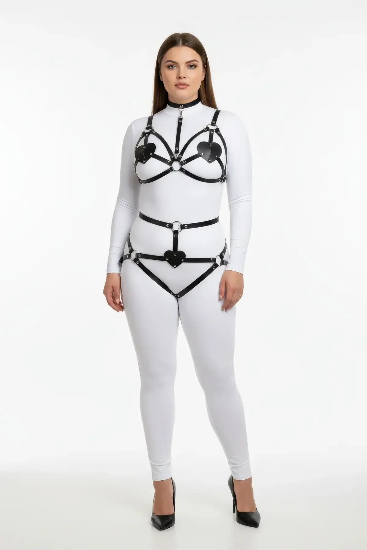 Heart Detail Faux Leather Harness Bra & Garter Set