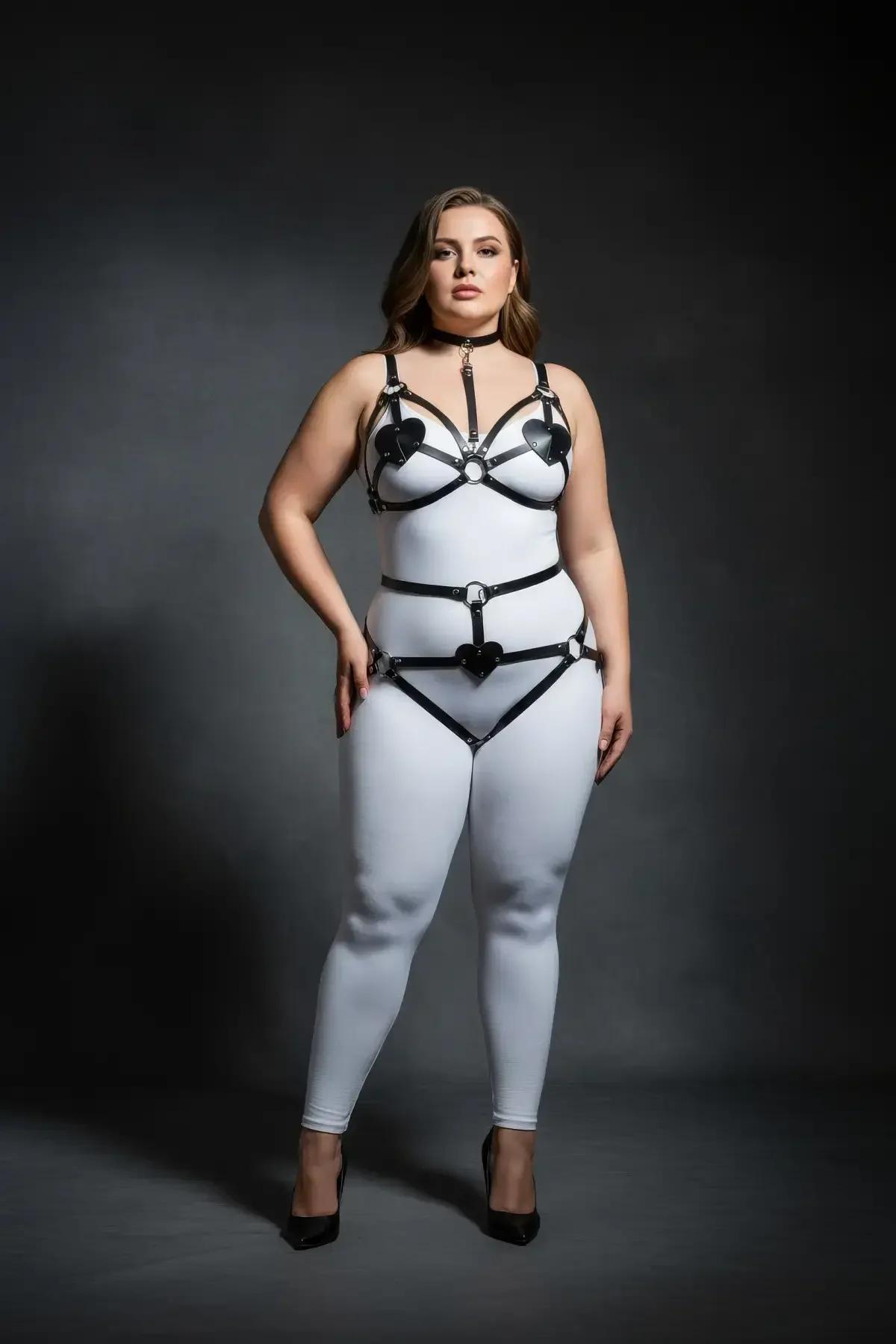 Heart Detail Faux Leather Harness Bra & Garter Set