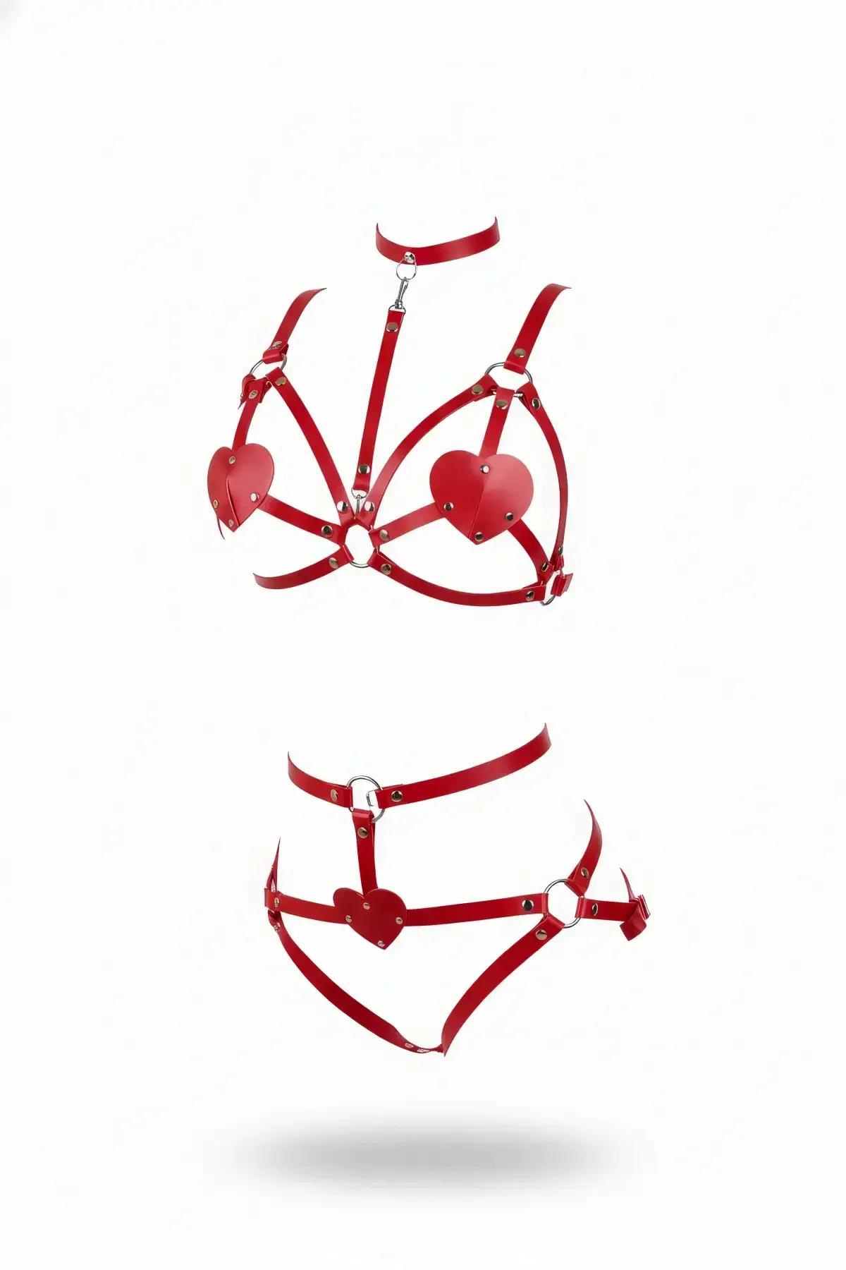 Red Vegan Leather Heart Detail Harness Bra & Garter Set
