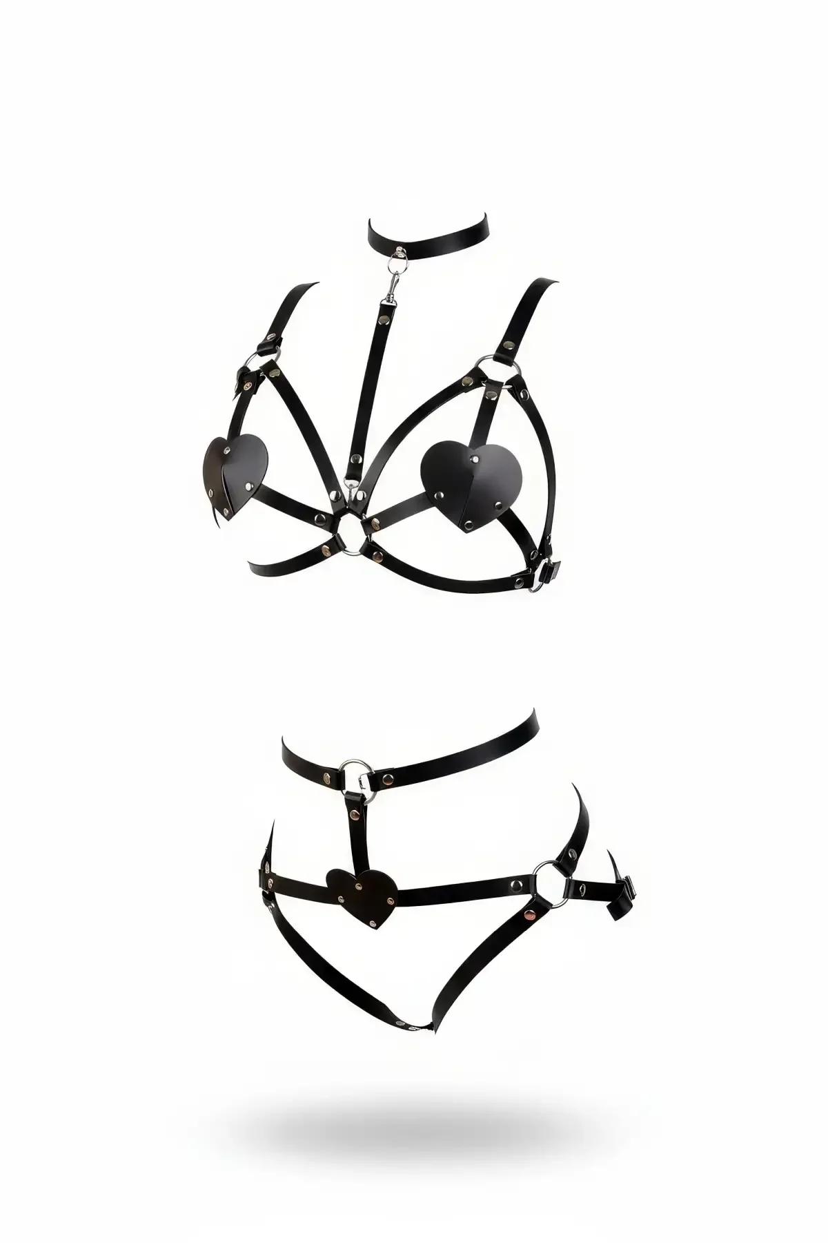 Heart Detail Faux Leather Harness Bra & Panty Set