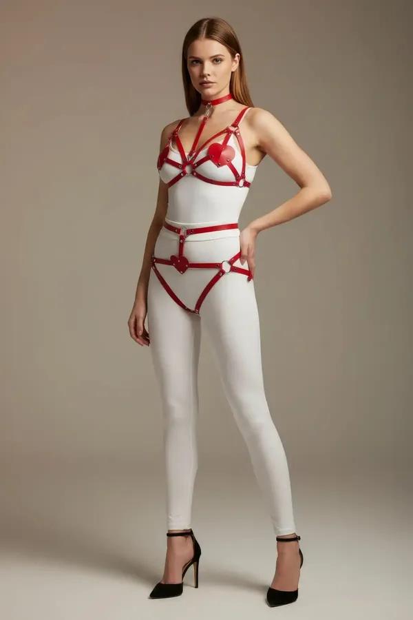 Red Harness Set with Heart-Shaped Accents and Choker