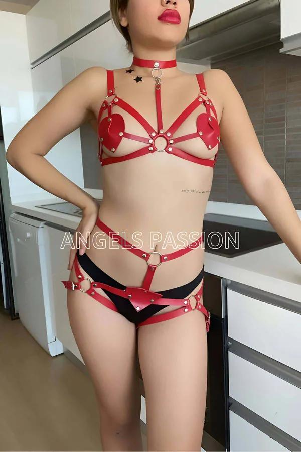 Red Faux Leather Heart Detail Body Harness Lingerie Set