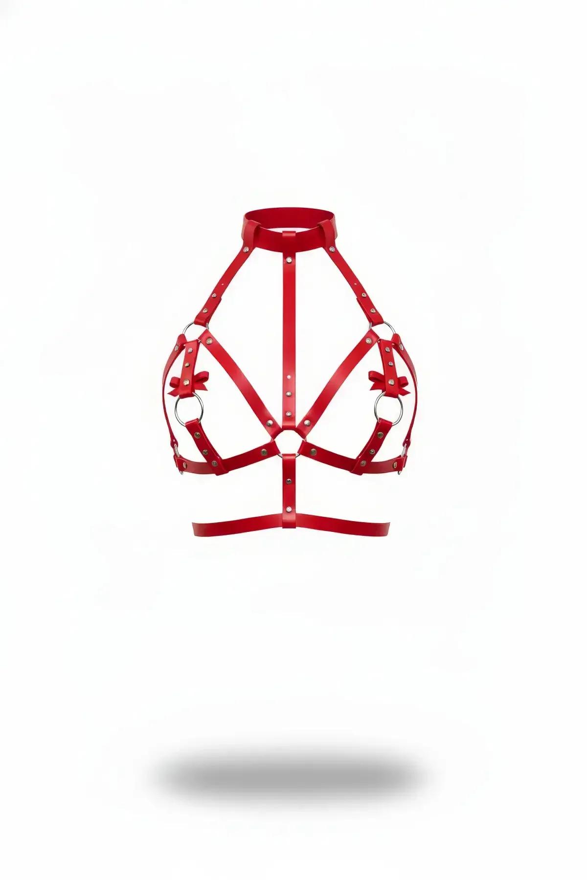 Red Chest Harness Bra with High Collar & Bow Details