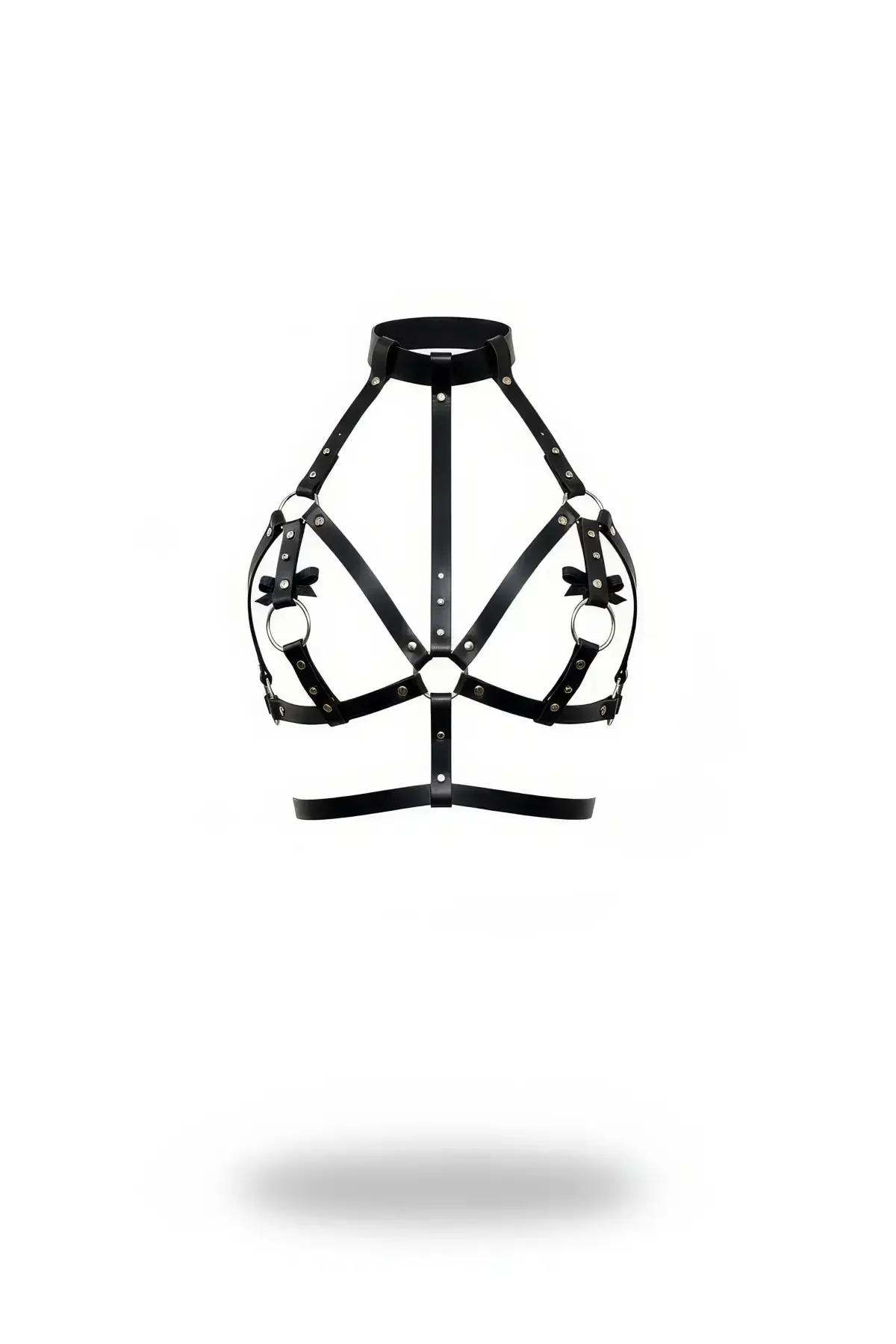 Faux Leather High-Neck Chest Harness with Bow Accents