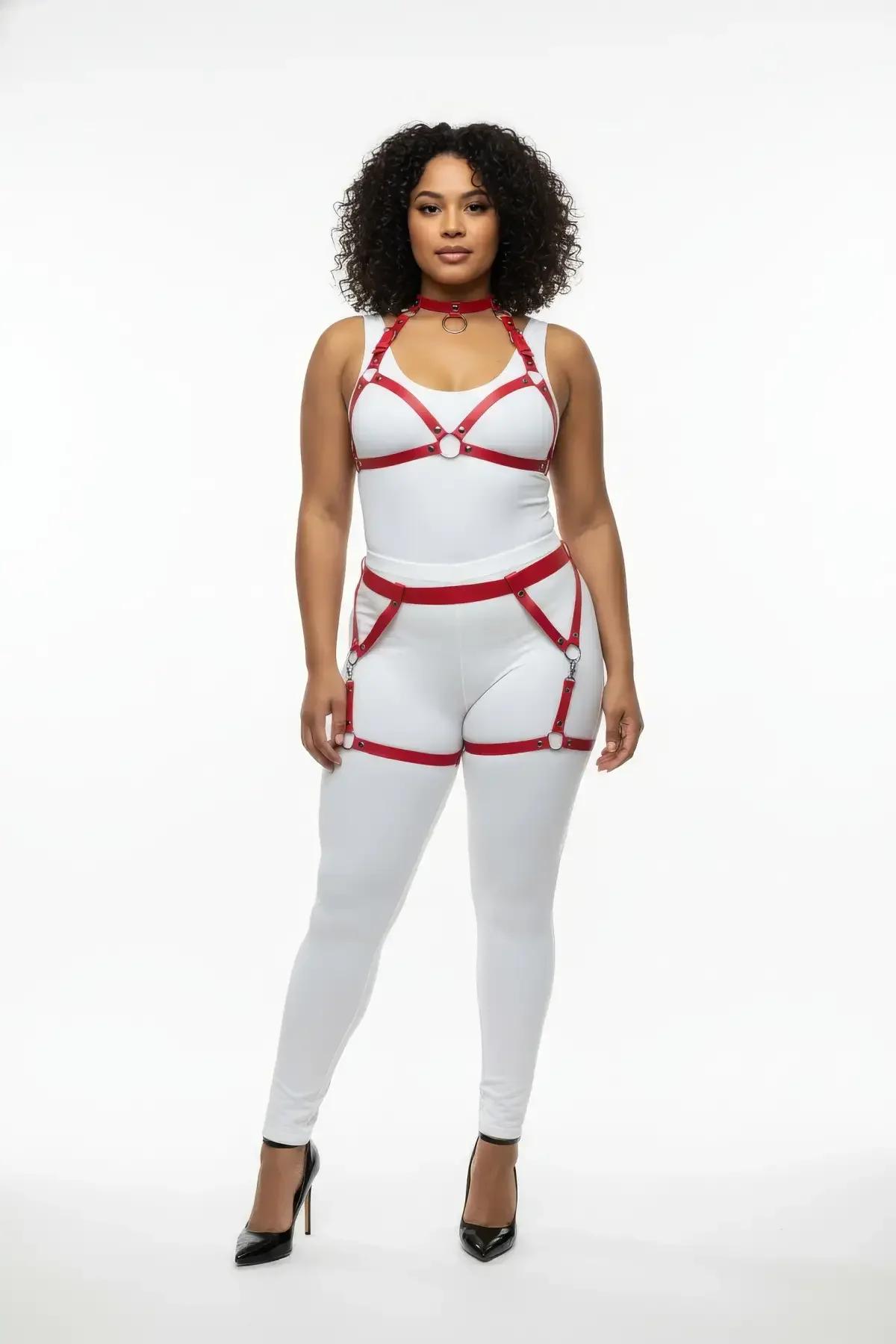 Red Faux Leather Full Body Harness with Choker & Garters