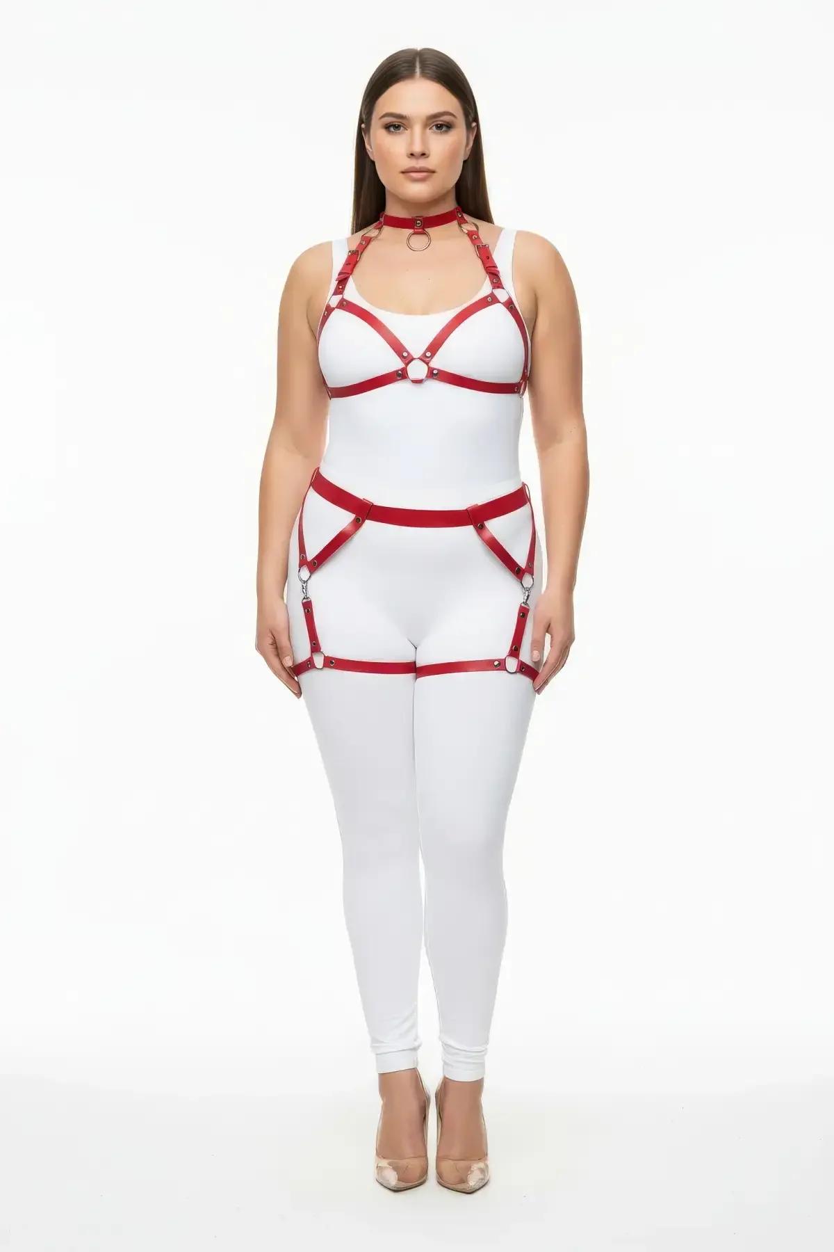 Red Faux Leather Full Body Harness with Choker & Garters