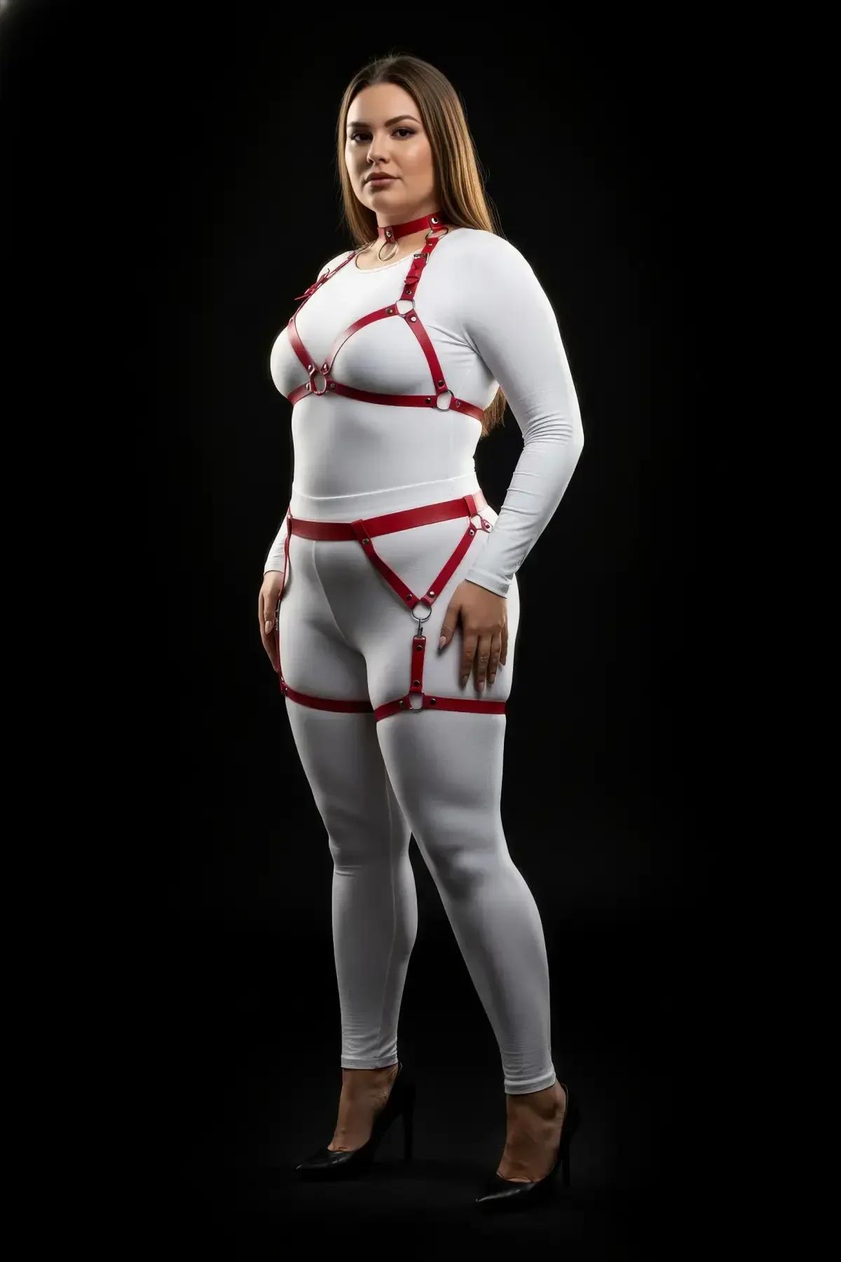 Red Faux Leather Full Body Harness with Choker & Garters