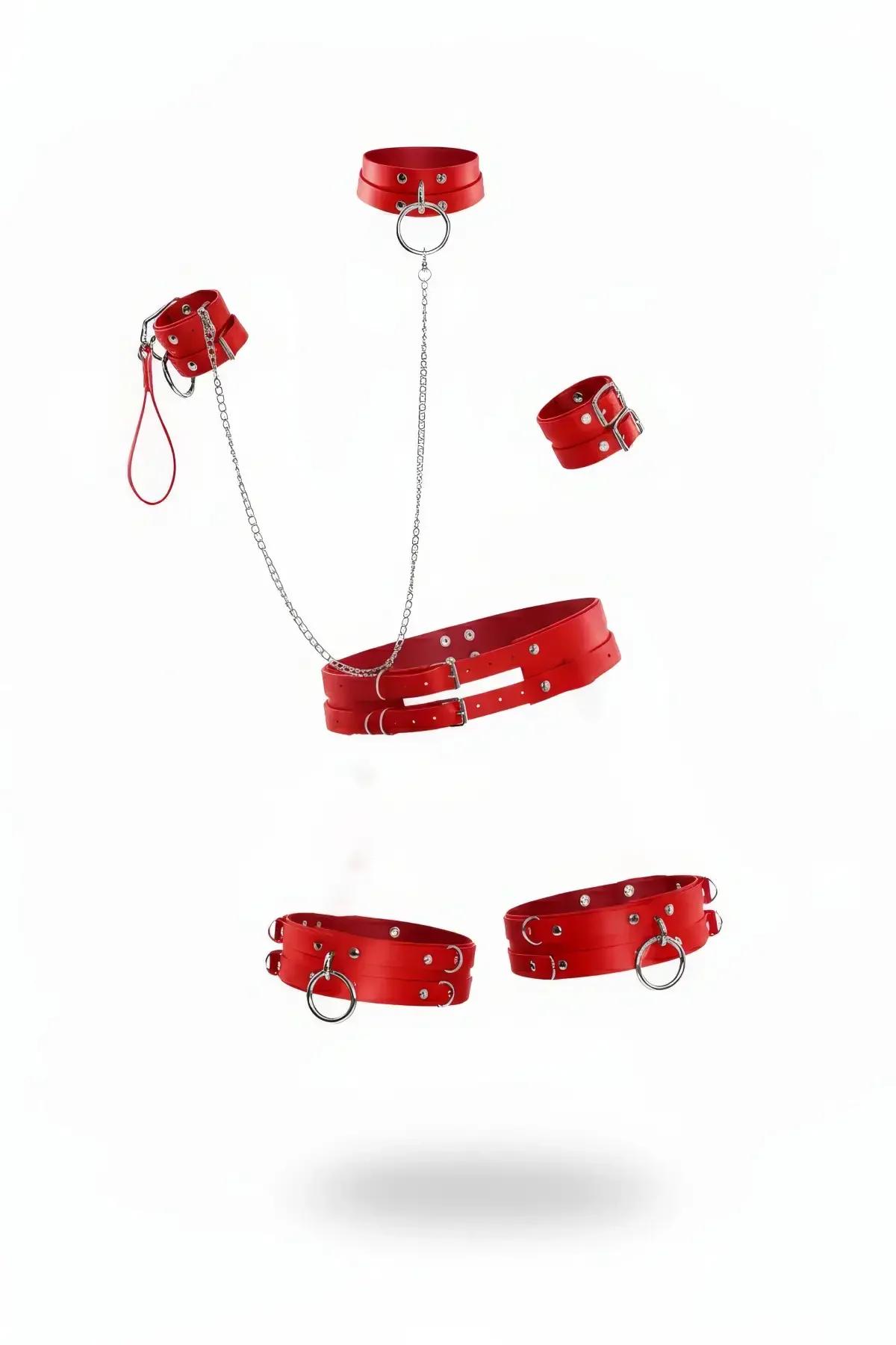 Red Faux Leather Body Harness Set with Chain Details