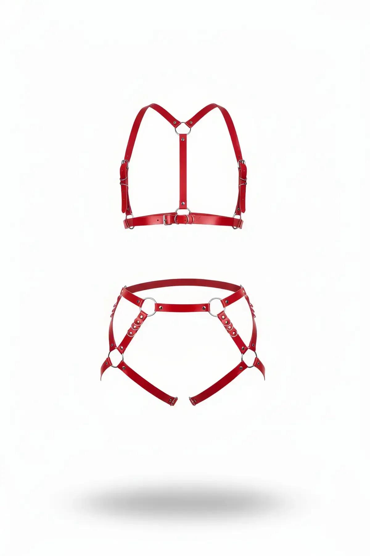 Red Faux Leather Body Harness Set with O-Rings