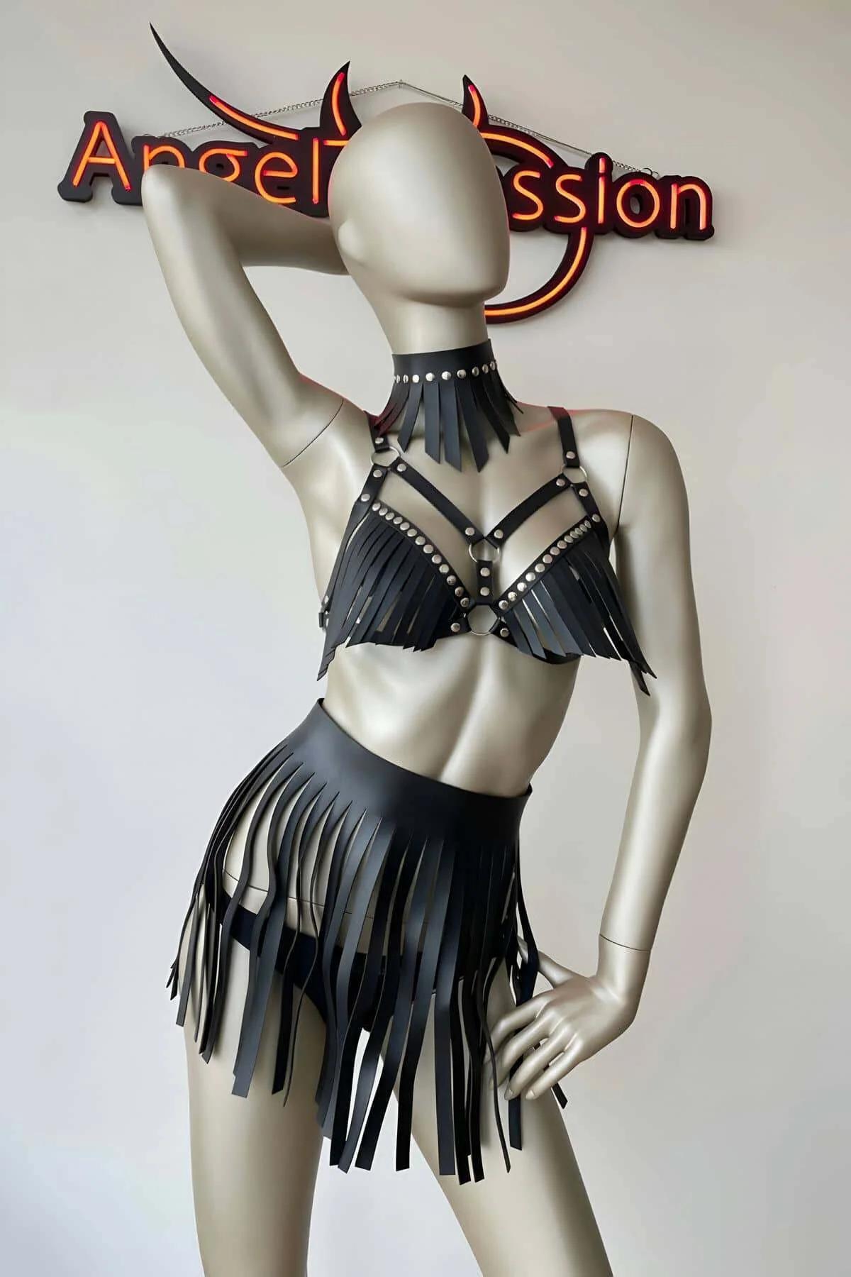 Leather Harness Set with Tassels and Choker for Fantasy Wear