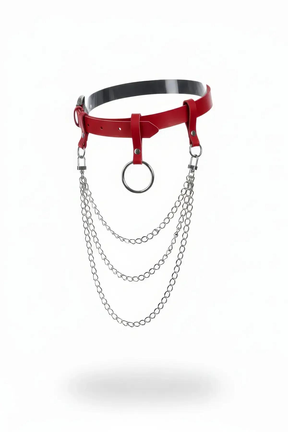 Red Faux Leather Waist Belt with Cascading Chains