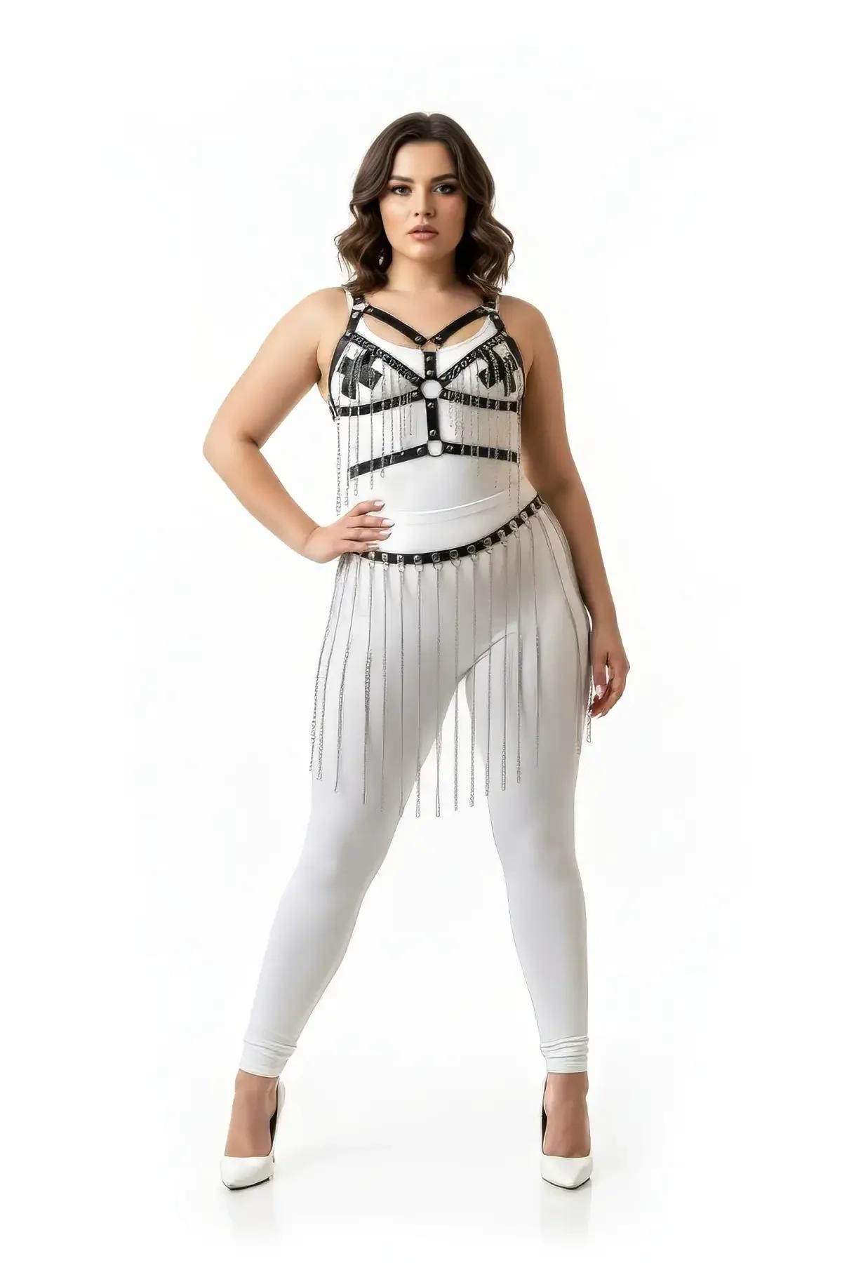 Faux Leather Body Harness with O-Rings & Fringe Chain Skirt Set