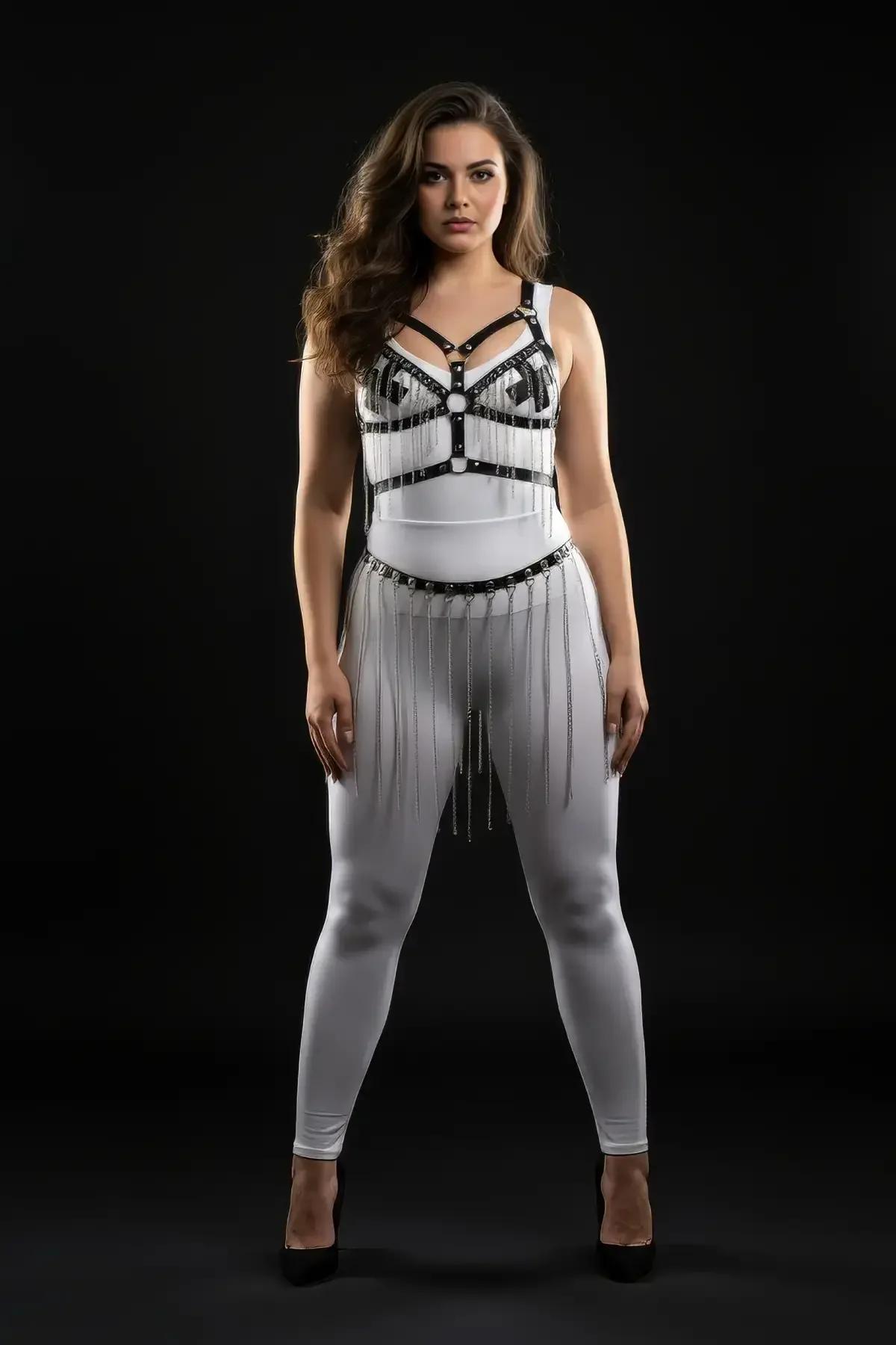 Faux Leather Body Harness with O-Rings & Fringe Chain Skirt Set