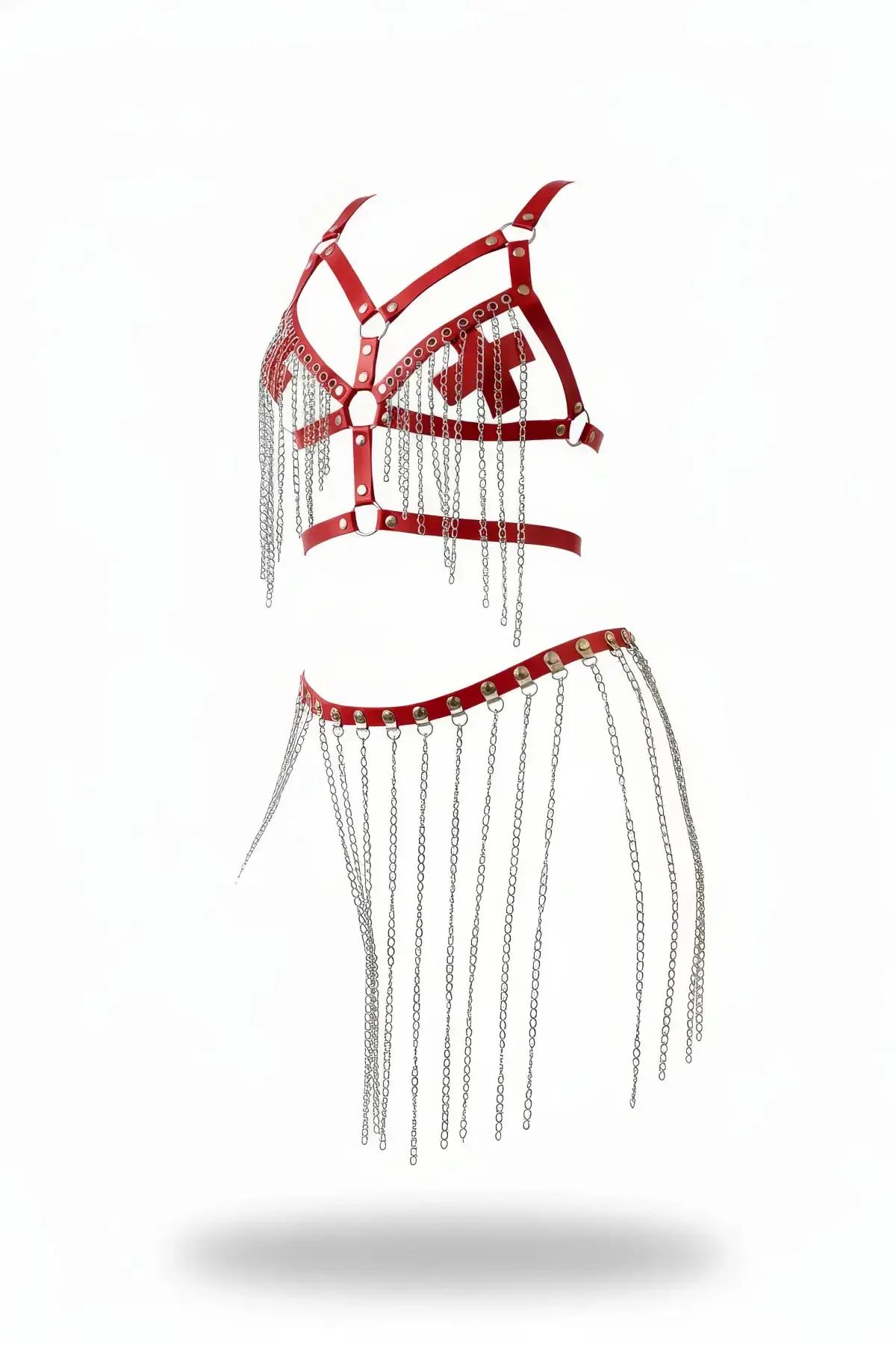 Red Faux Leather Chain Harness Bralette & Skirt
