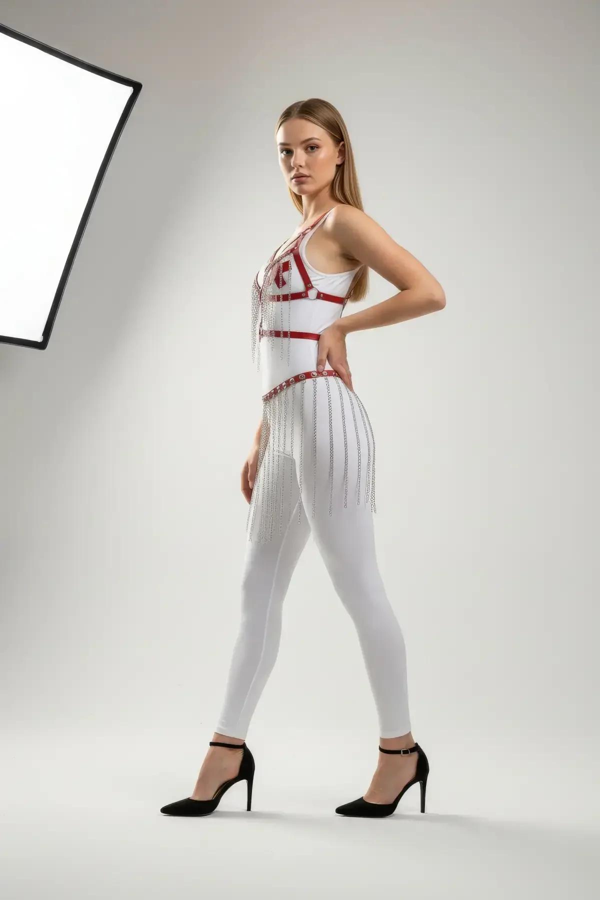 Red Faux Leather Chest Harness & Chain Fringe Skirt Set