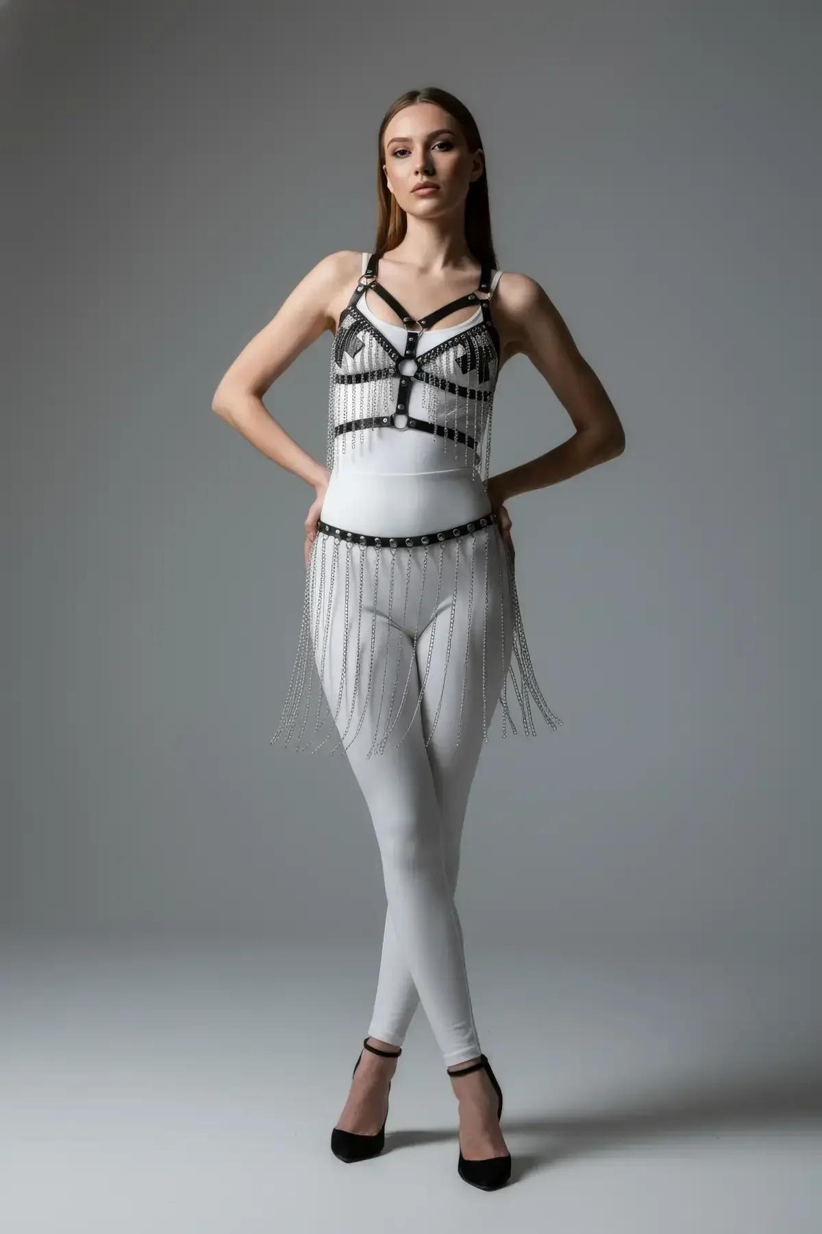 Faux Leather Chest Harness with Draped Chain Skirt