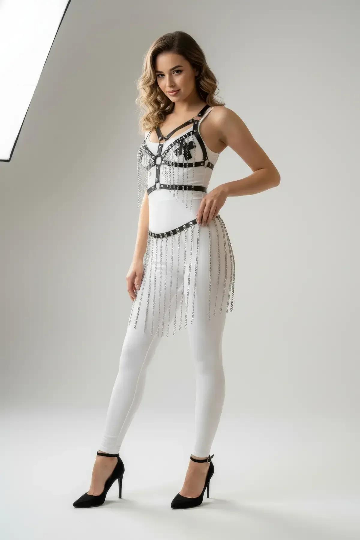 Faux Leather Chest Harness with Draped Chain Skirt