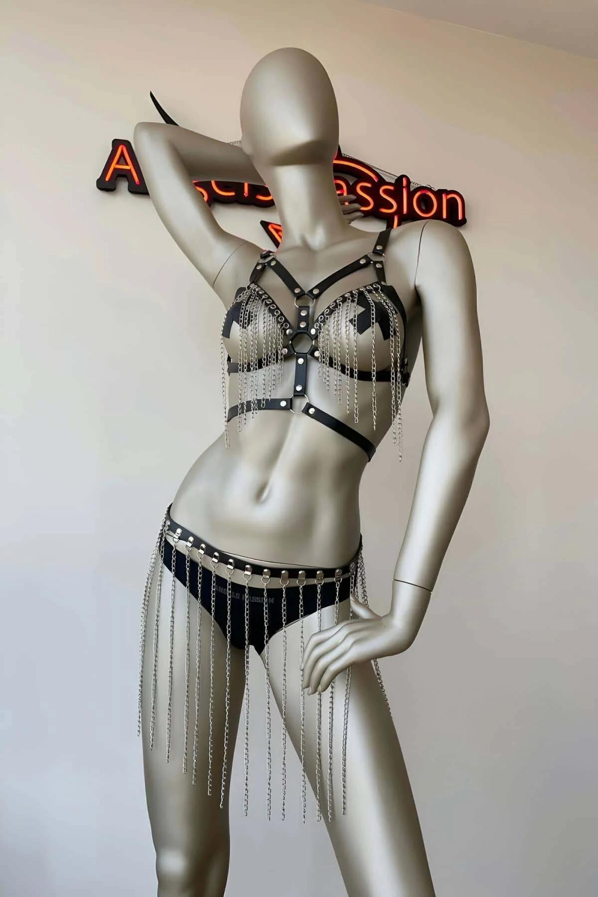Women's Leather Chain Harness Bra & Matching Skirt Set