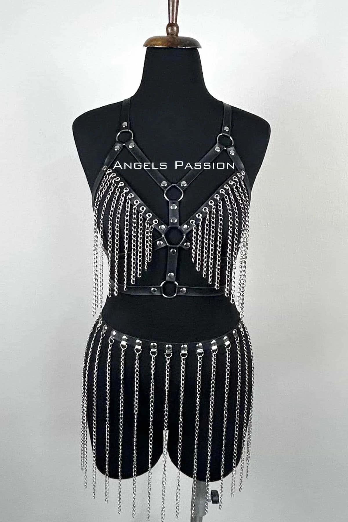 Chain Body Harness Set - Adjustable Faux Leather Festival