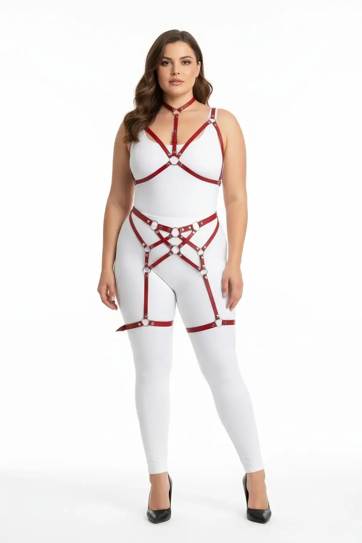 Red Strappy Body Harness Set with Garters and O-Rings