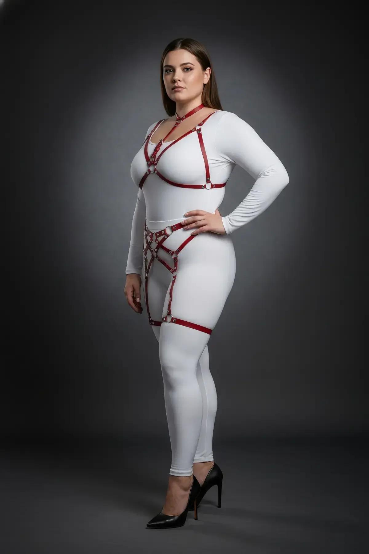 Red Strappy Body Harness Set with Garters and O-Rings
