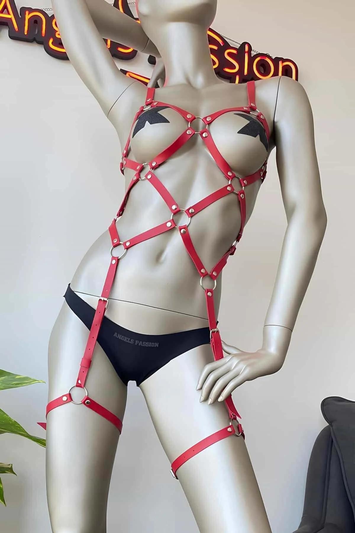 Red Body Harness Adjustable Faux Leather Lingerie Style