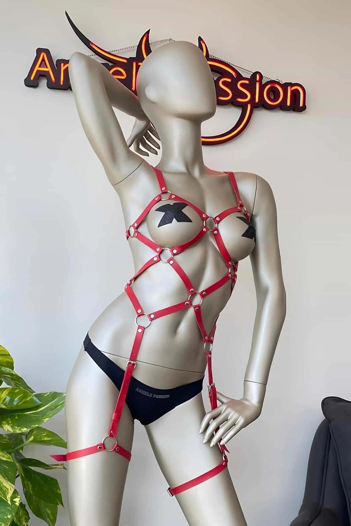 Red Body Harness Adjustable Faux Leather Lingerie Style