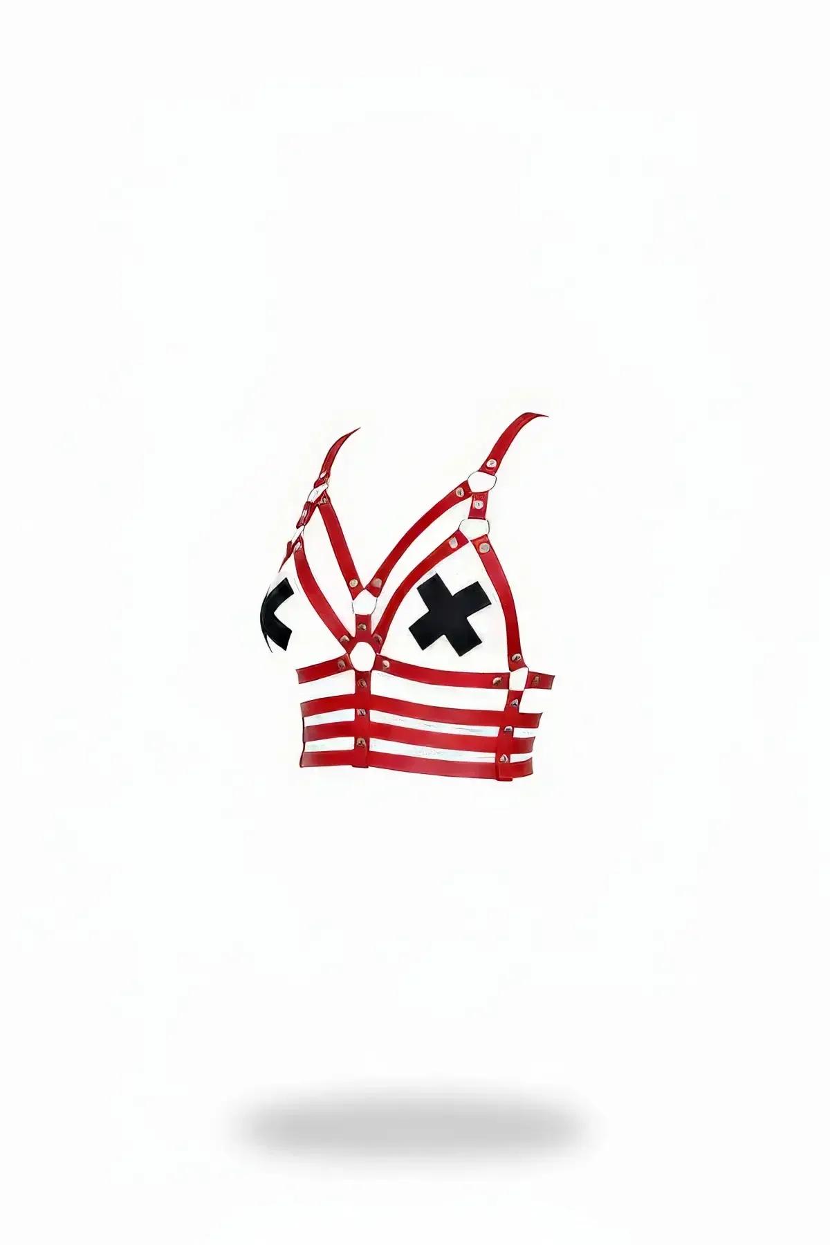 Red Faux Leather Bustier Harness with X-Details & O-Rings
