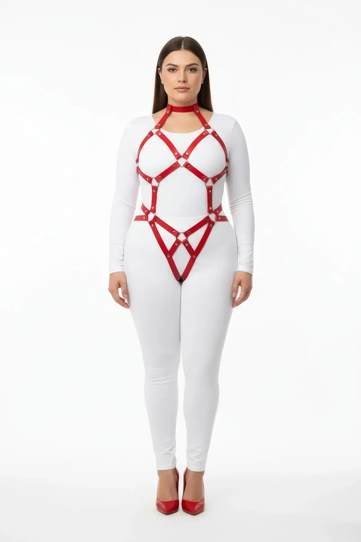 Red Full Body Harness with Detachable Choker and O-Ring Chain