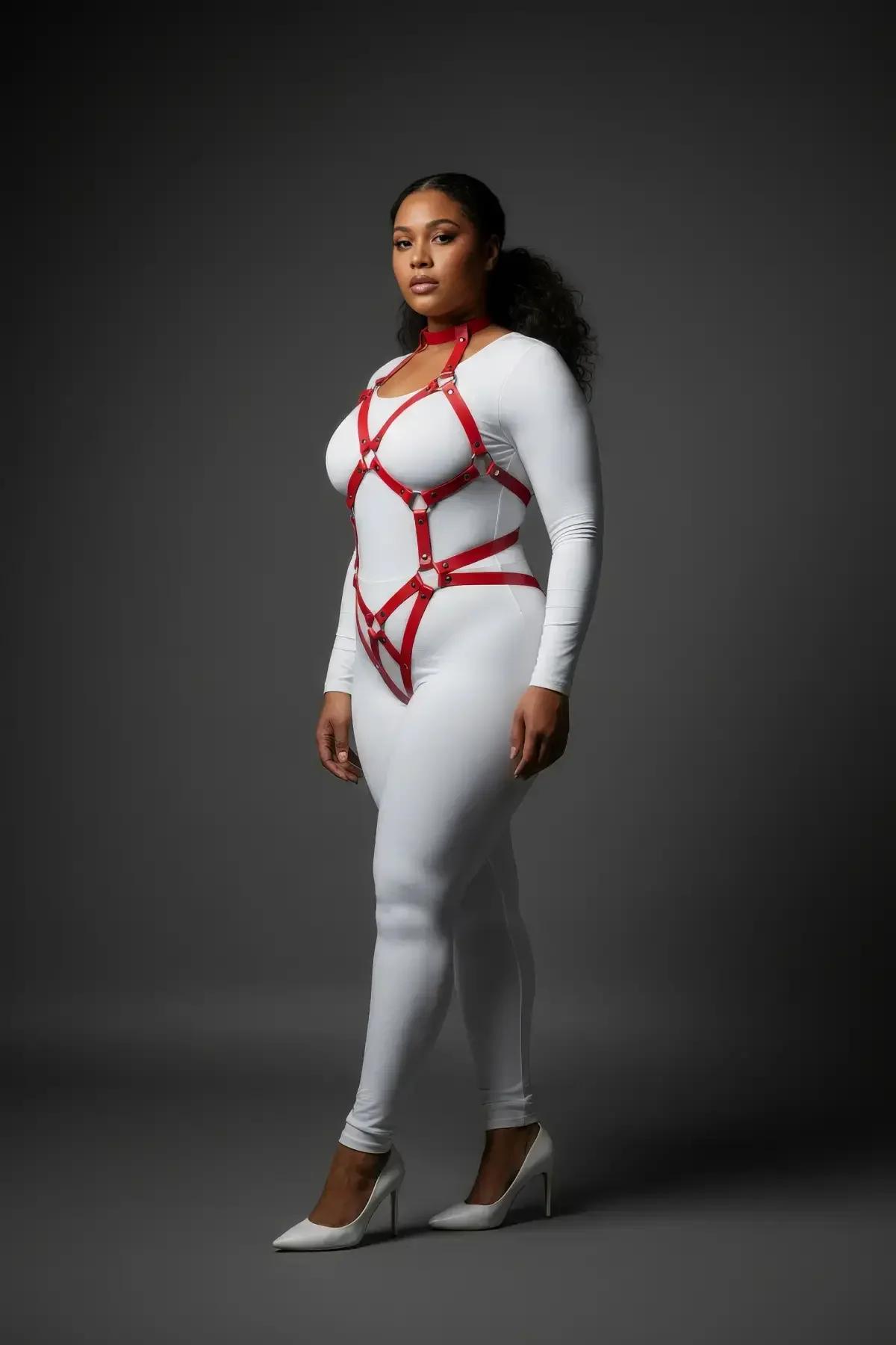 Red Full Body Harness with Detachable Choker and O-Ring Chain
