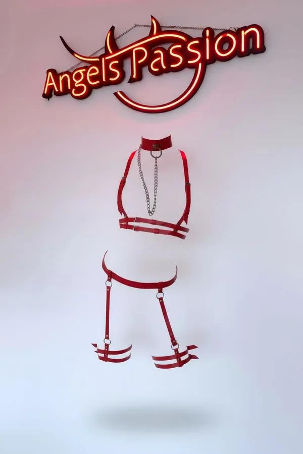Red Faux Leather Body Harness with Chain & Garters