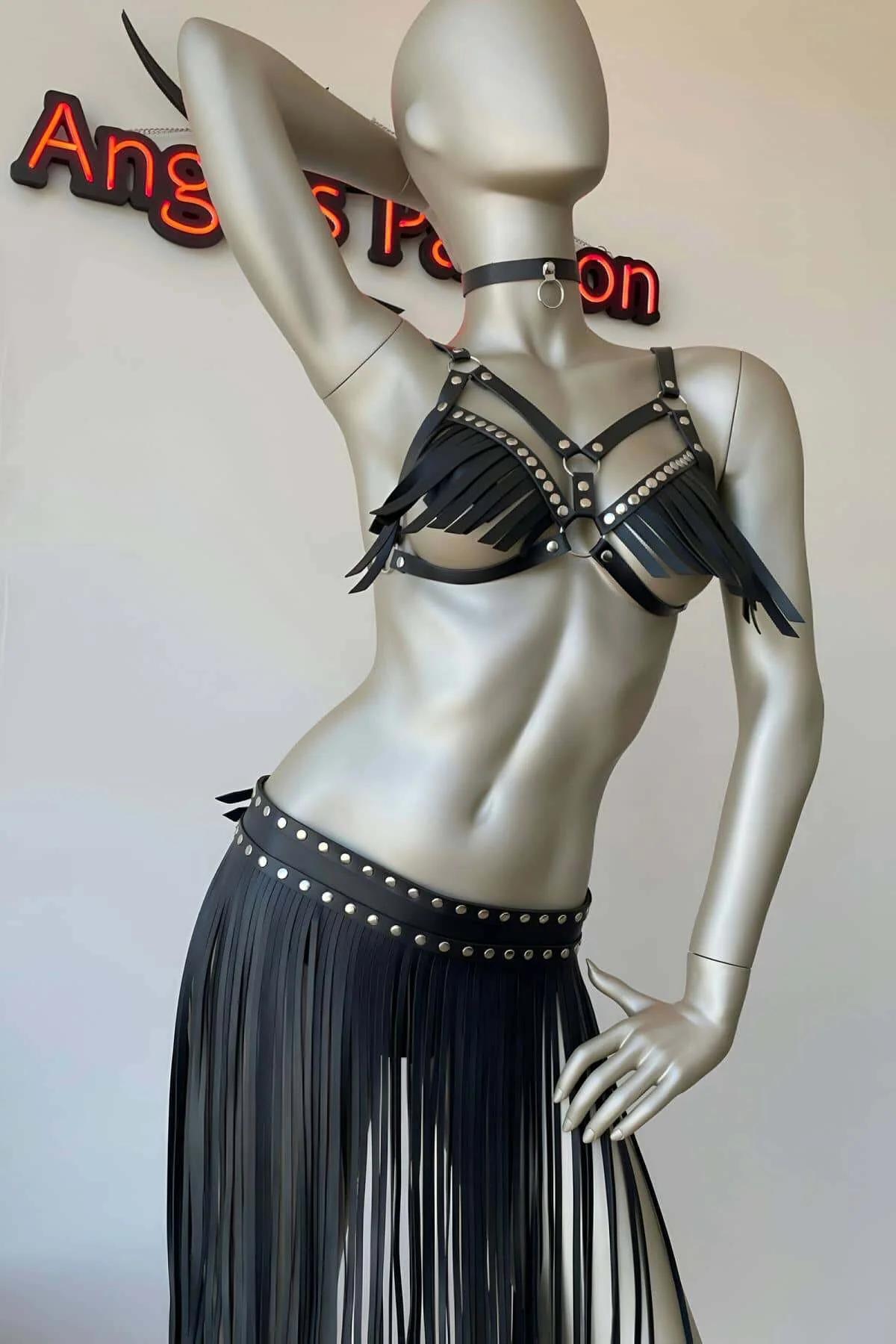 Leather Tassel Harness Set - Adjustable Bra & Skirt Outfit