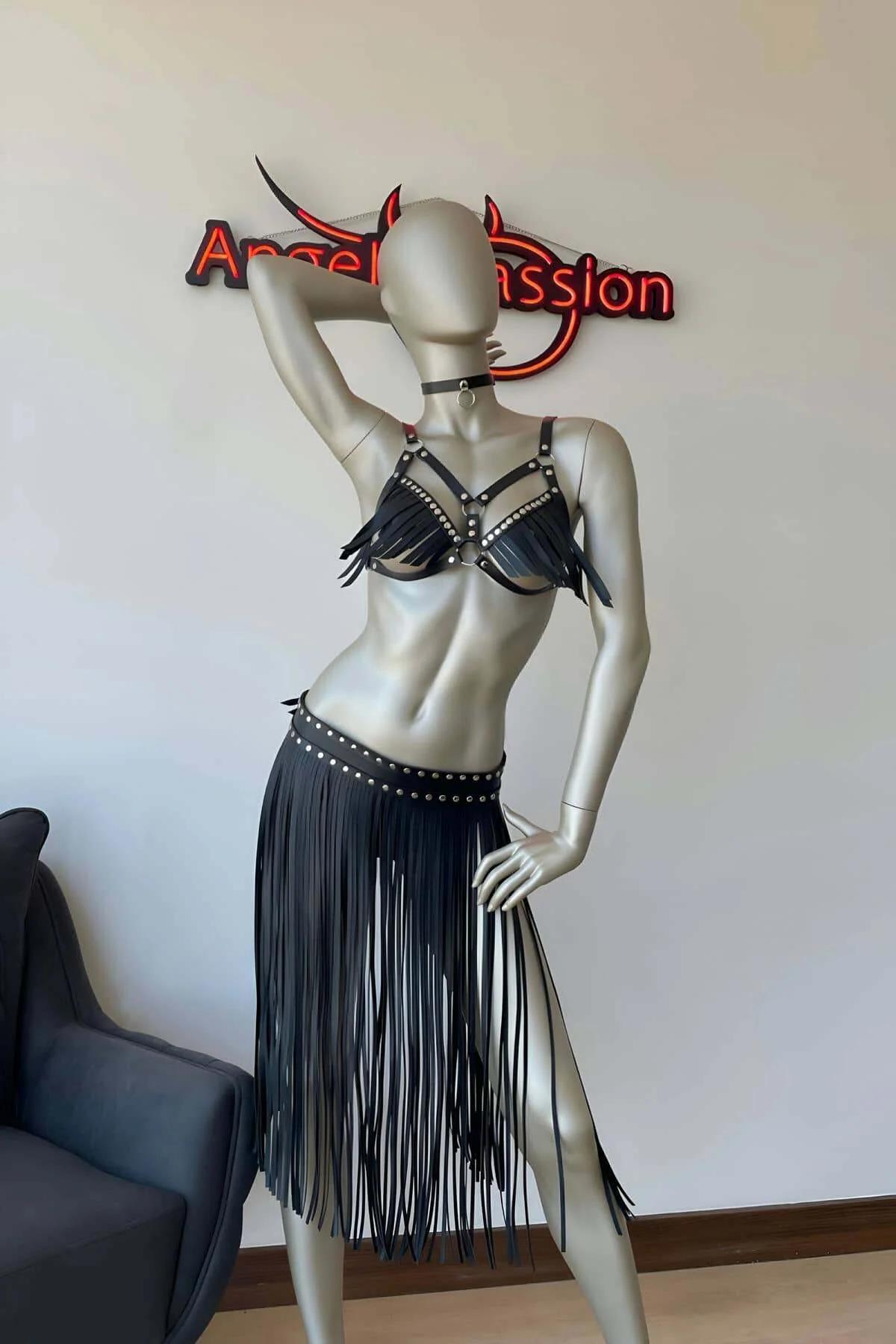 Leather Tassel Harness Set - Adjustable Bra & Skirt Outfit
