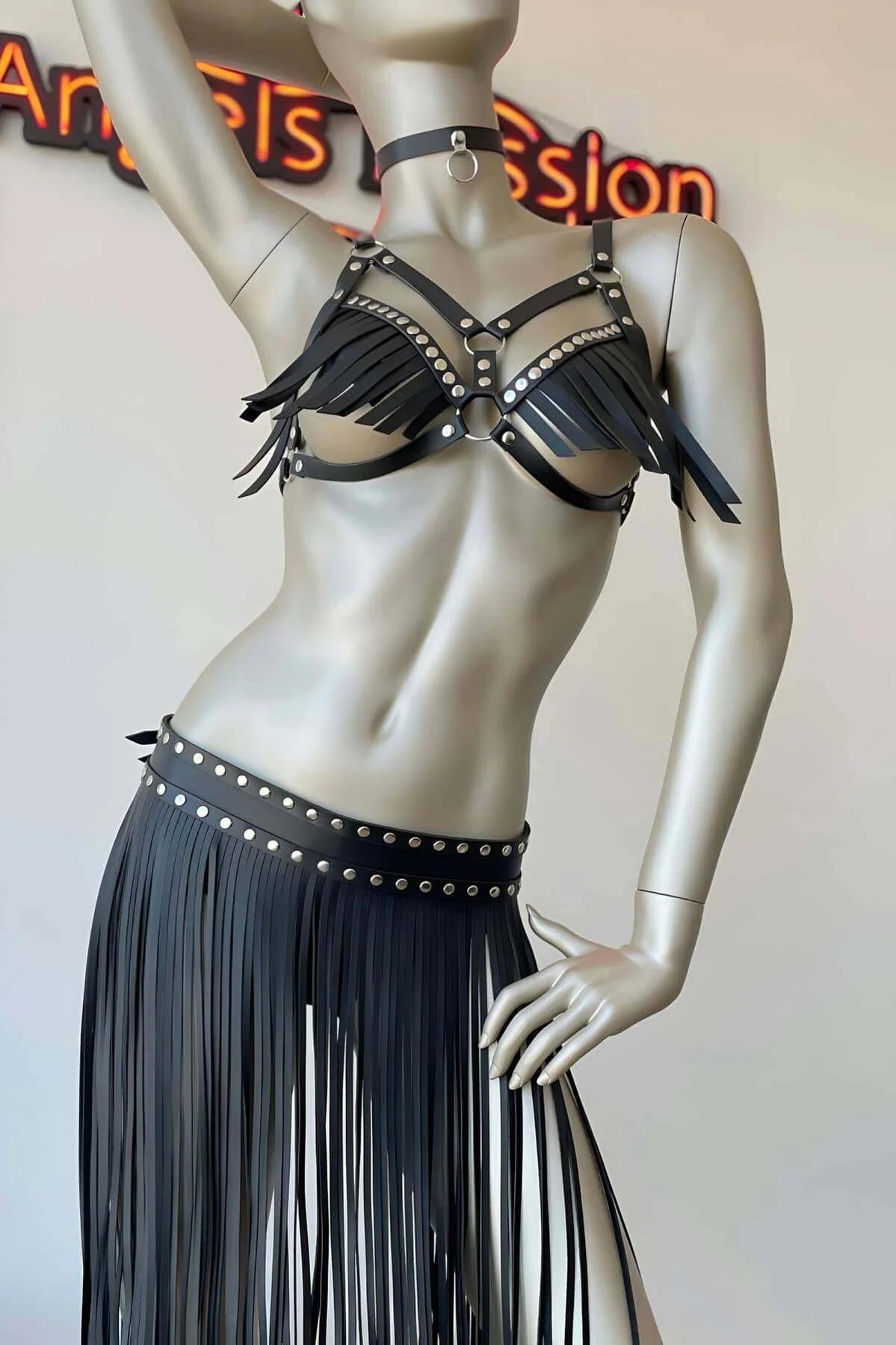 Leather Tassel Harness Set - Adjustable Bra & Skirt Outfit