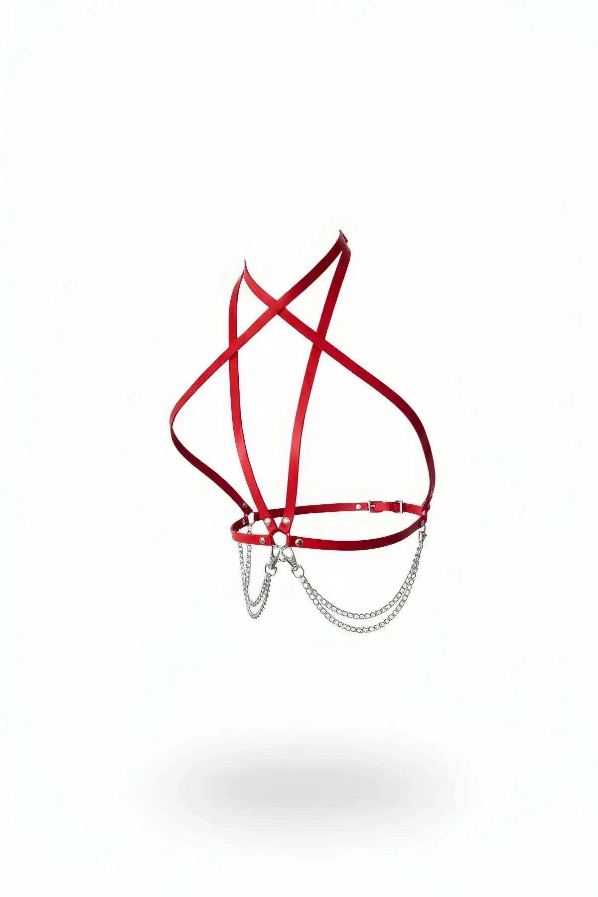 Red Faux Leather Strappy Harness with Silver Chains