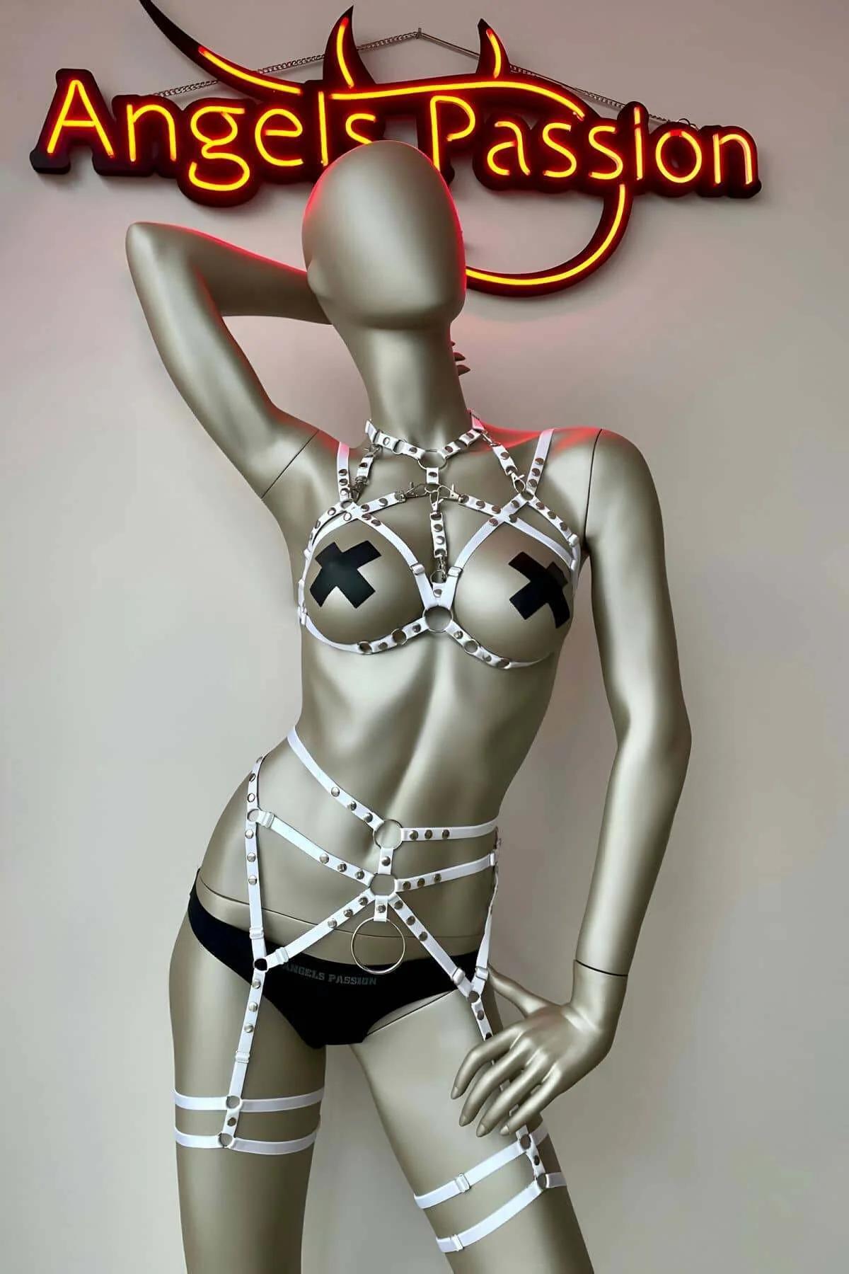White Studded Adjustable Body Harness Set for Women