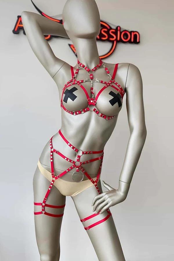 Red Elastic Body Harness Lingerie Set with Garters