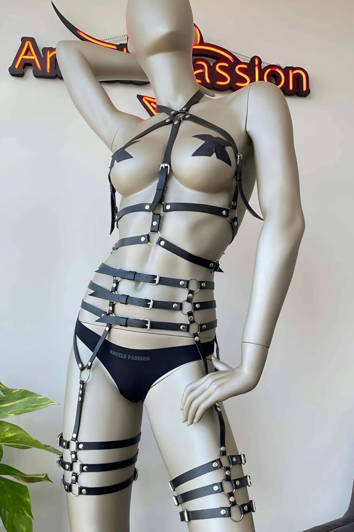 Full Body Harness Lingerie Set - Adjustable Faux Leather Garter Style