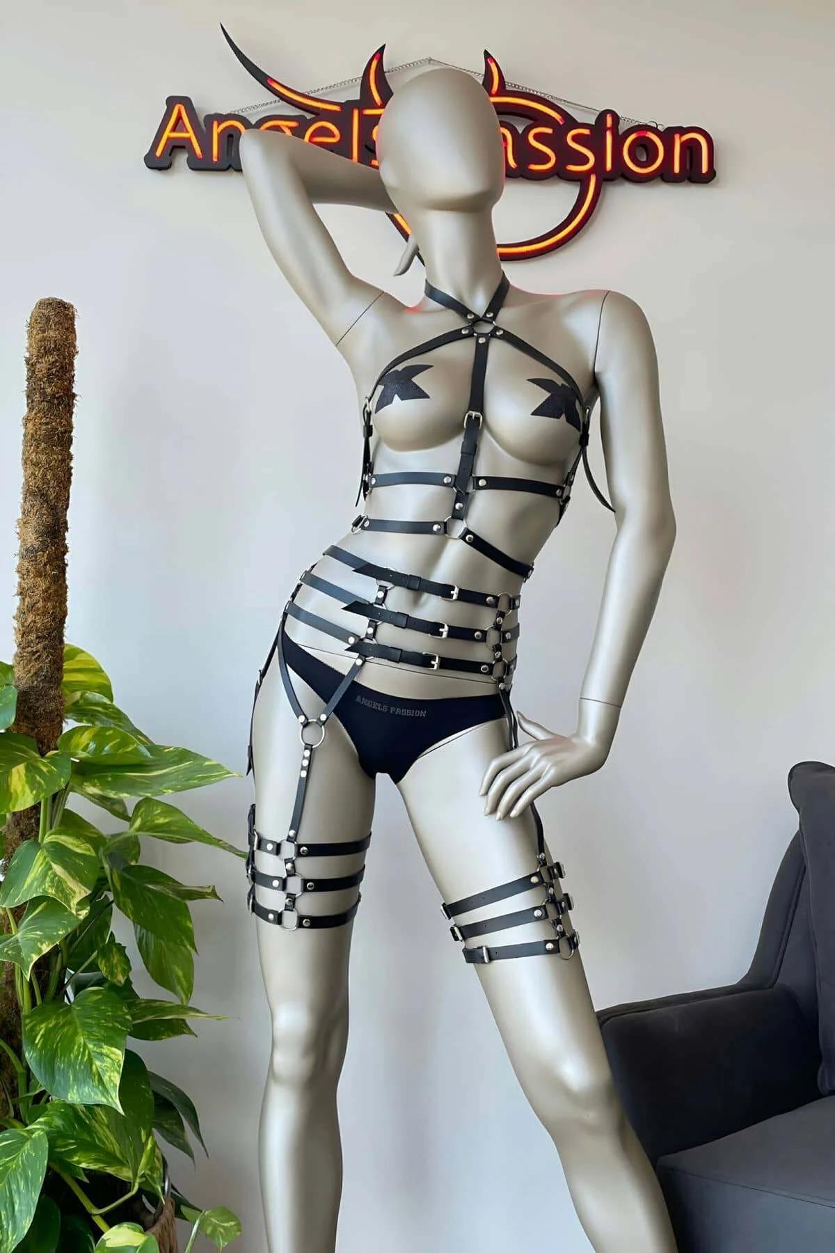 Full Body Harness Lingerie Set - Adjustable Faux Leather Garter Style