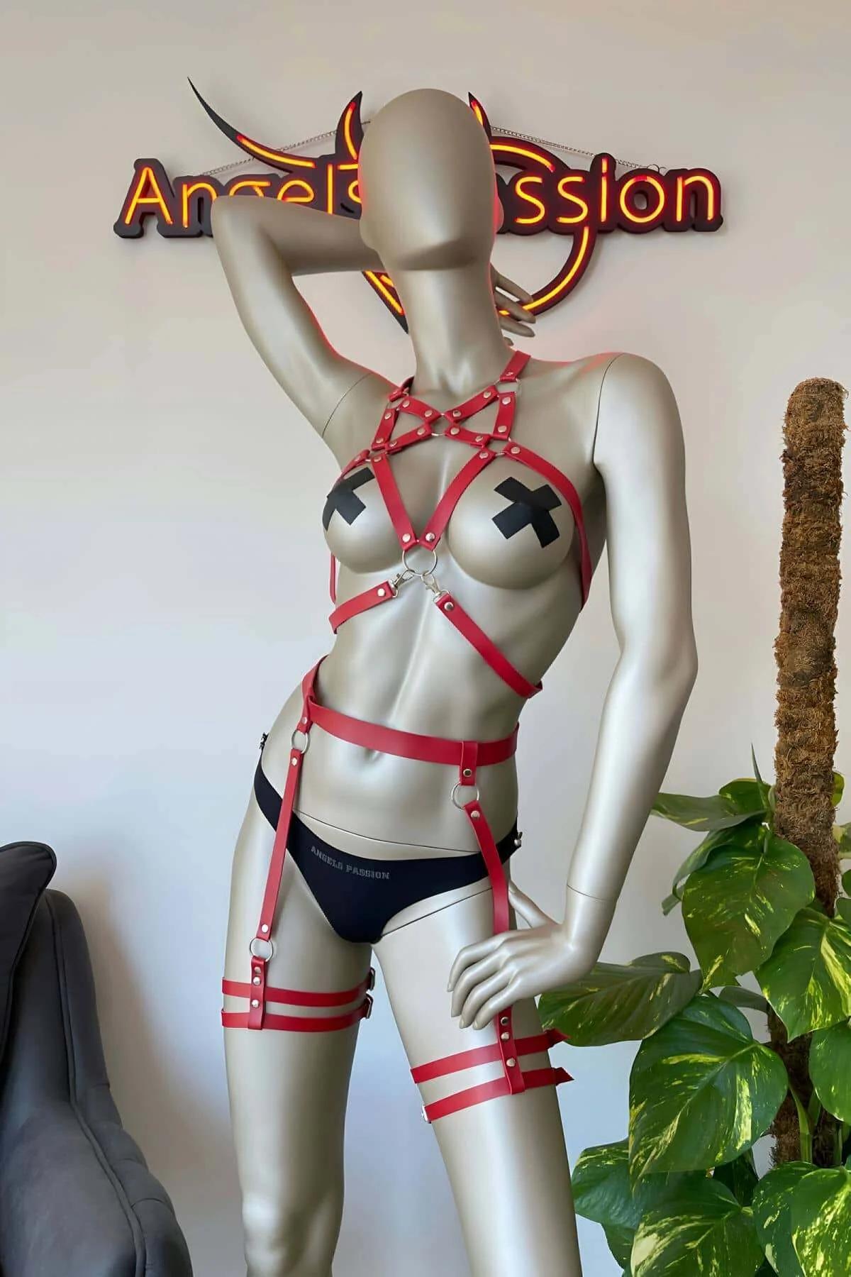 Women's Red Leather Body Harness & Garter Lingerie Set