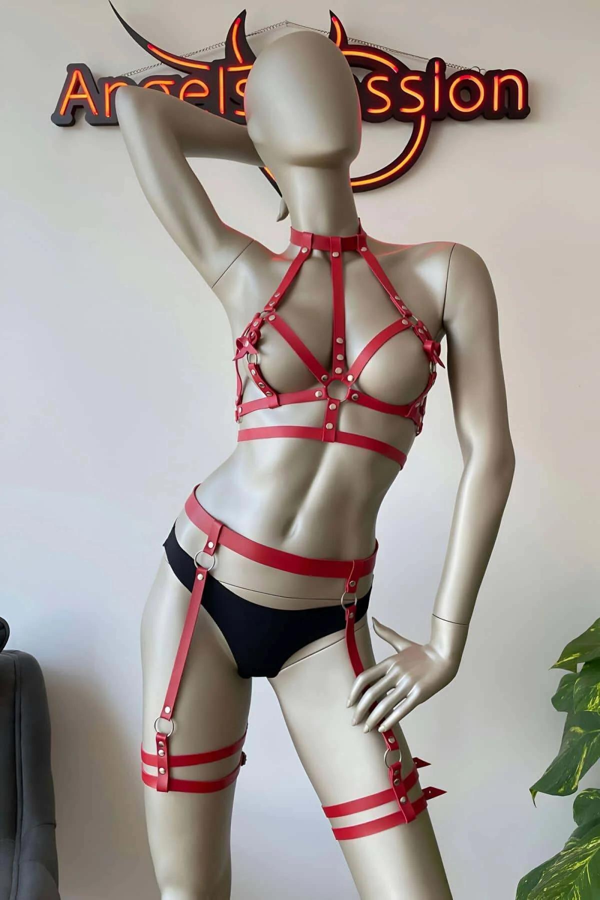 Red Harness Set: Adjustable Faux Leather Body Accessory