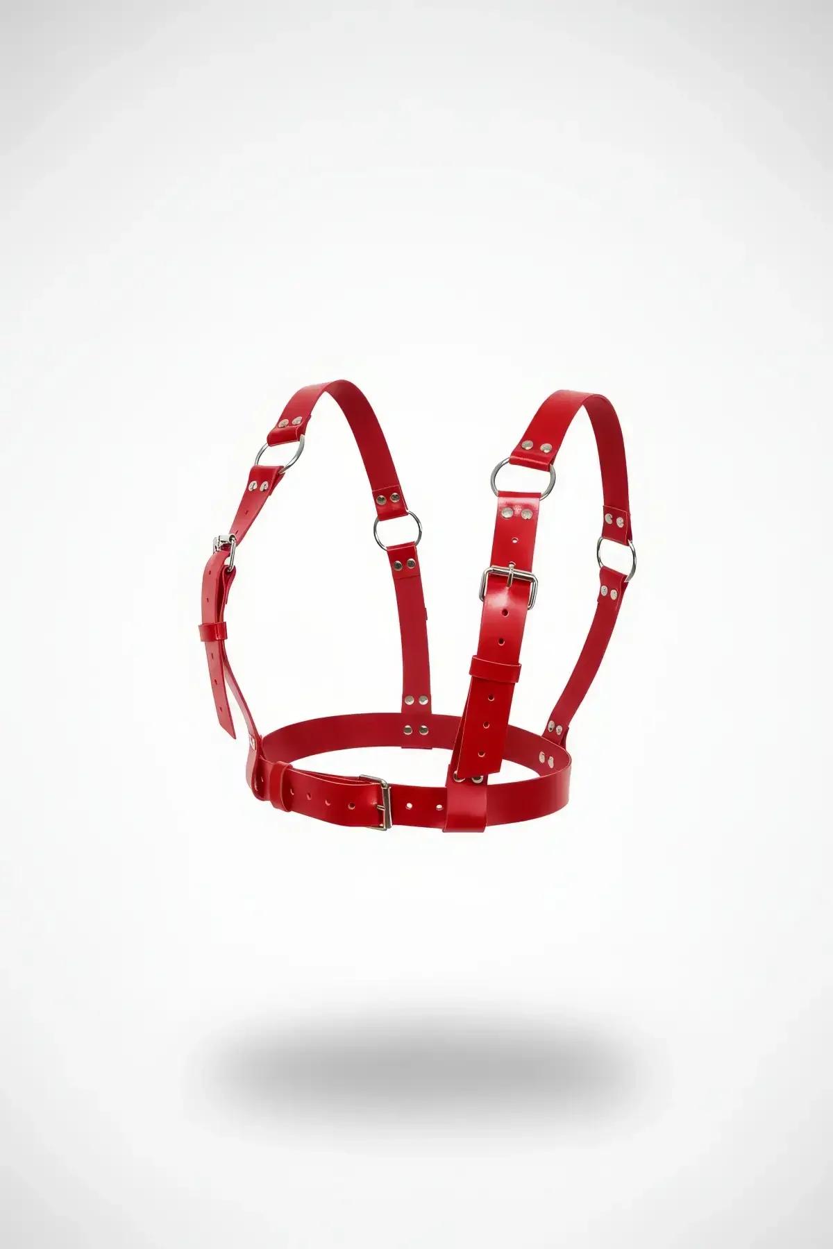 Red Faux Leather Adjustable Chest Harness with O-Rings
