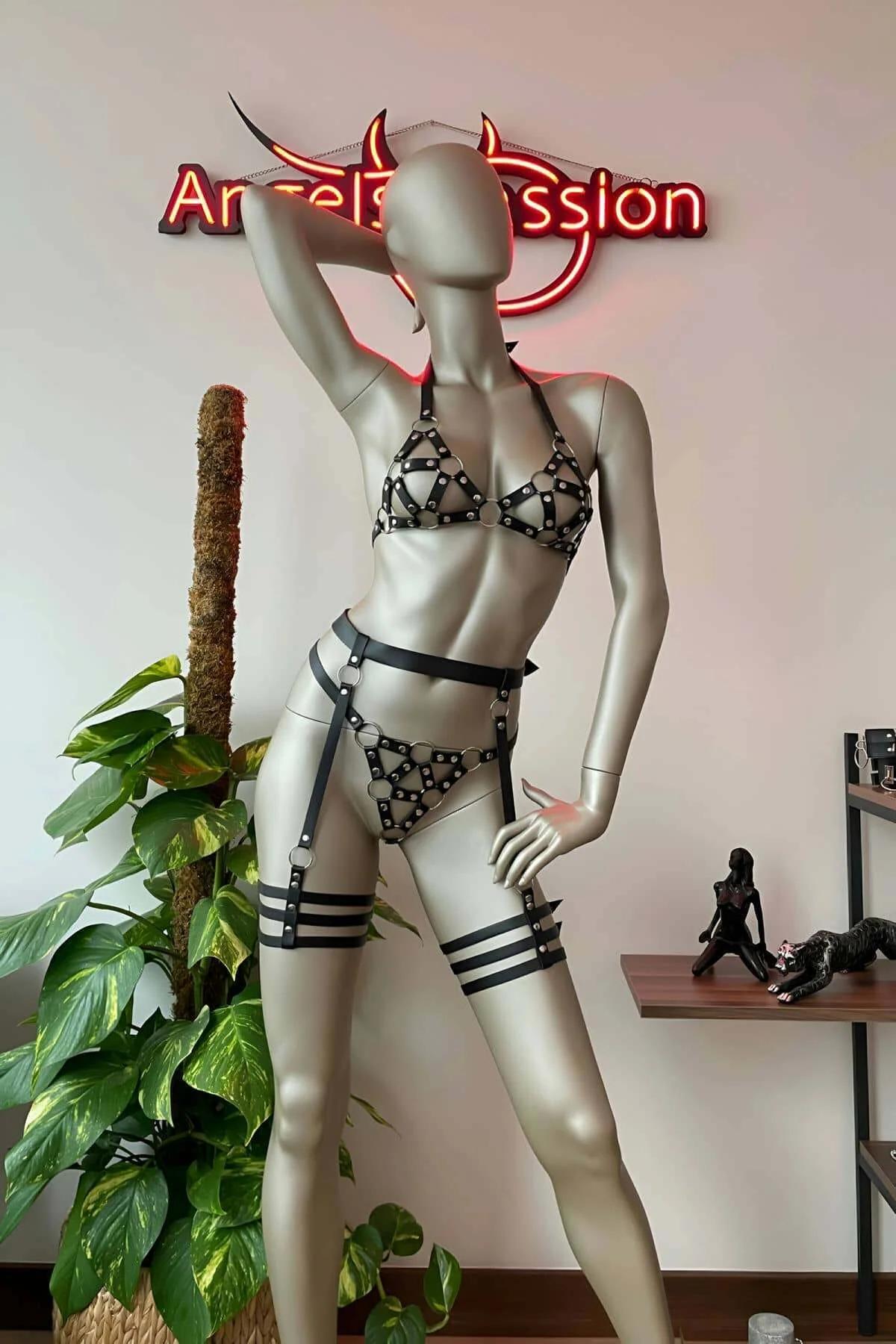 Adjustable Black Leather Body Harness Set & Garters
