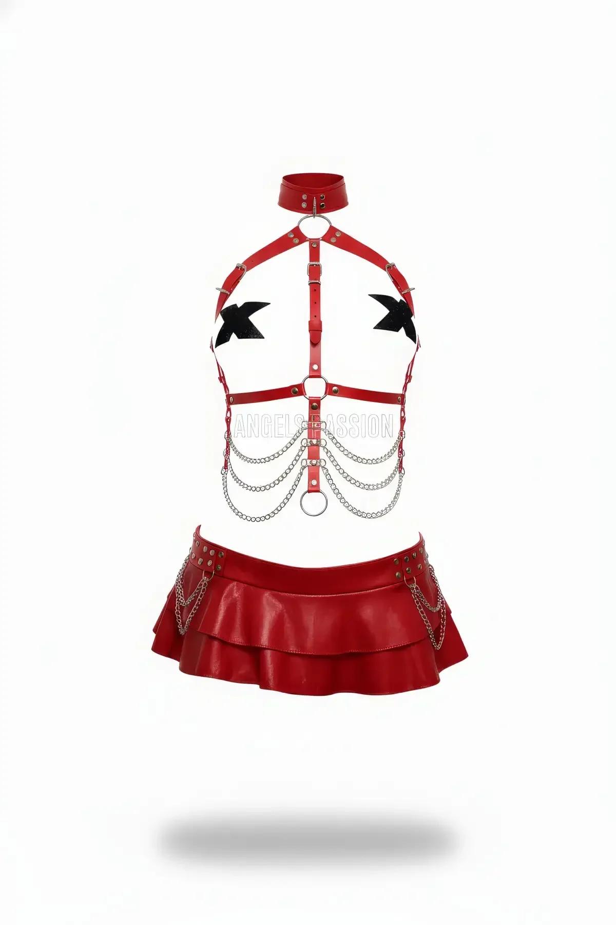 Red Faux Leather Body Harness & Tiered Skirt Set