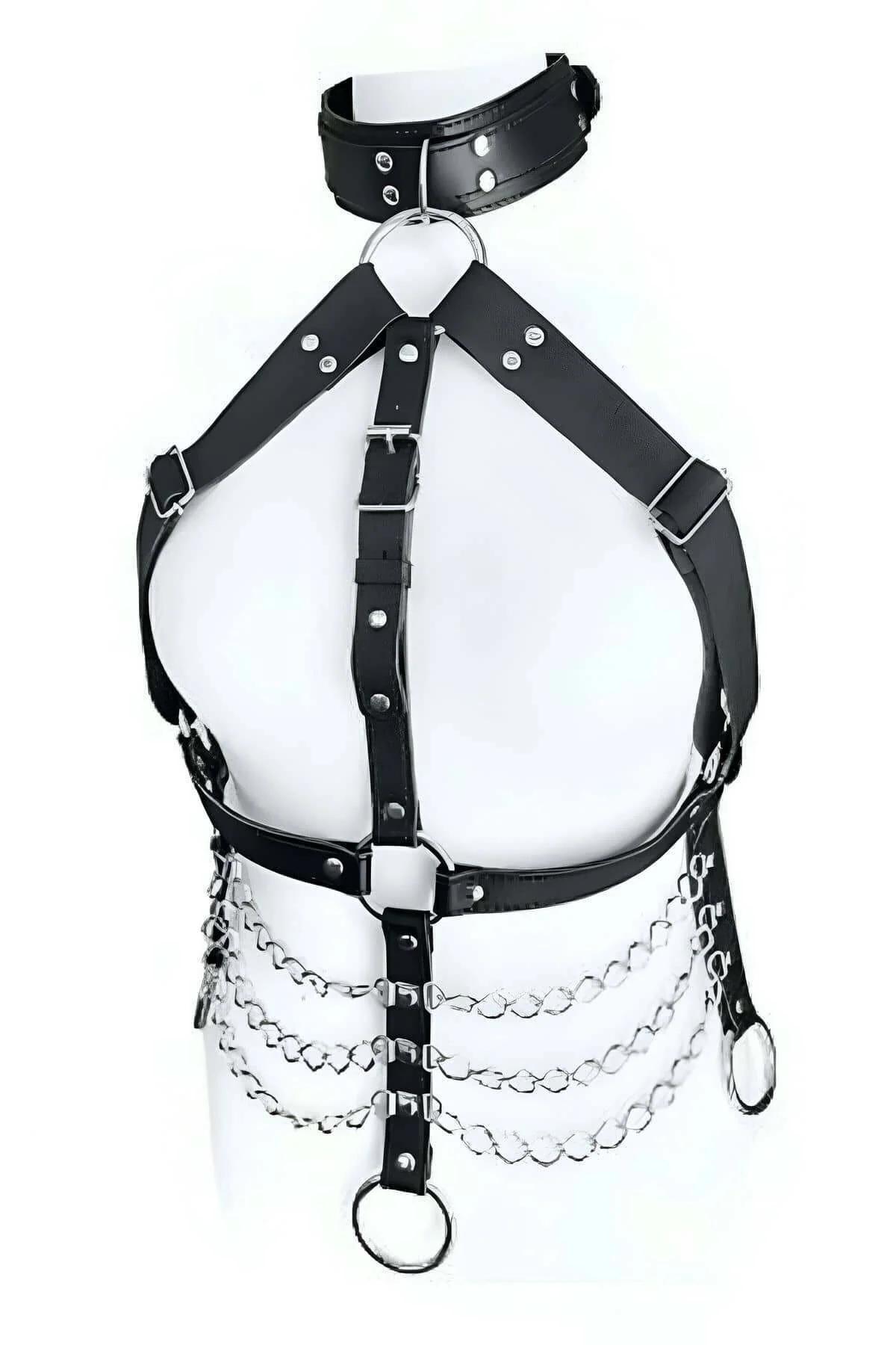 Edgy Faux Leather Chest Harness with Chain - Plus Sizes