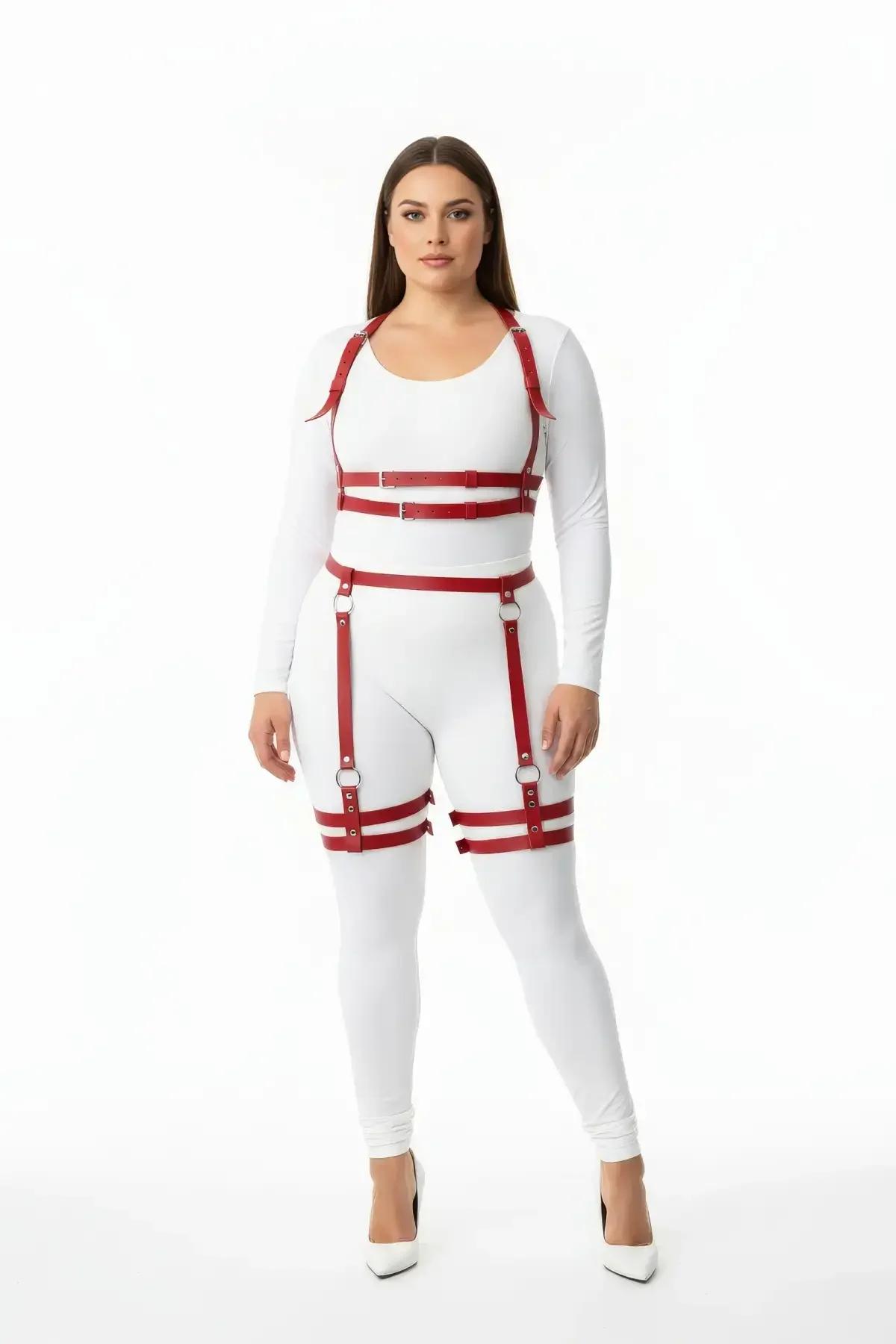 Red Faux Leather Full Body Harness with Thigh Straps