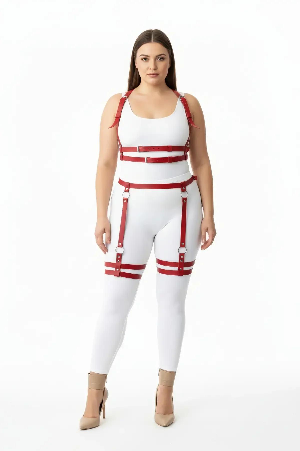 Red Faux Leather Full Body Harness with Thigh Straps