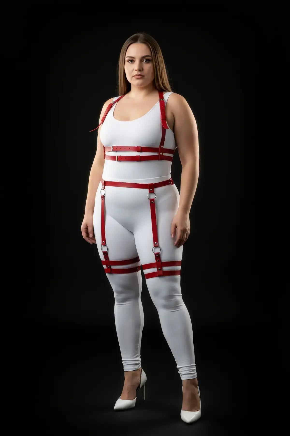 Red Faux Leather Full Body Harness with Thigh Straps