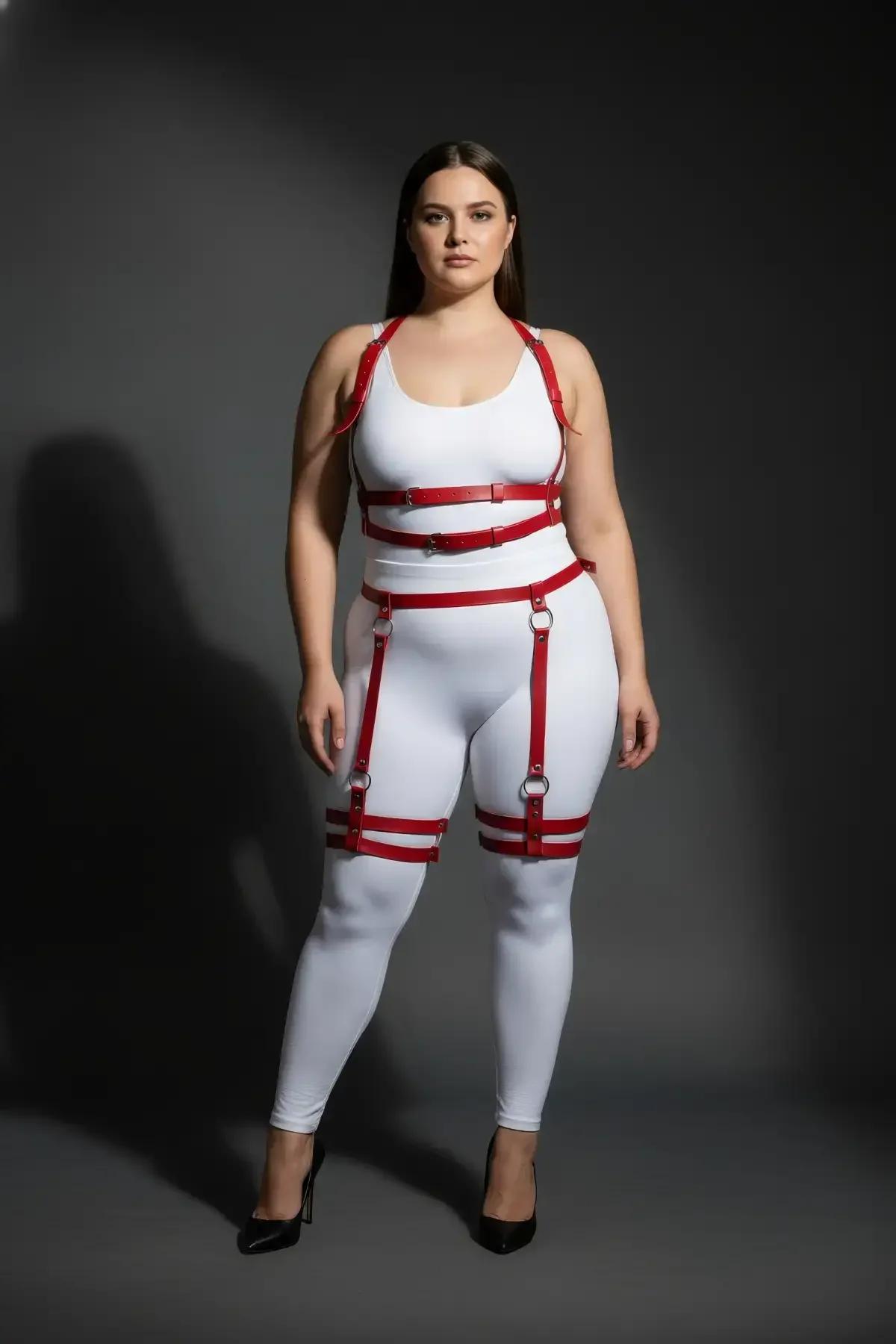 Red Faux Leather Full Body Harness with Thigh Straps