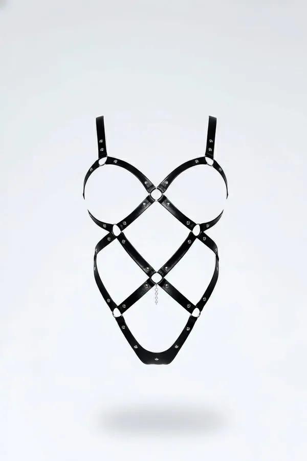 Body Harness Black Leather - Adjustable Strappy Studded Design